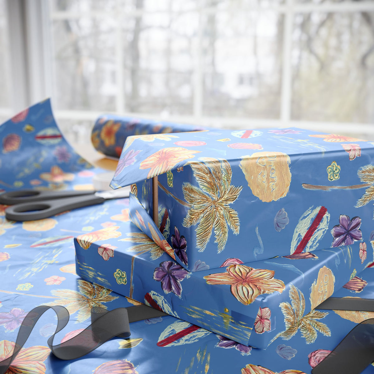 Tropical Floral Blue Gift Wrap, Hand-Painted Flowers & Petals Wrapping Paper