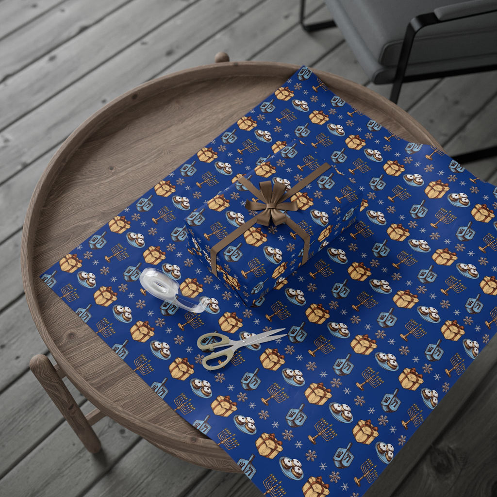 Hanukkah Dreidel and Menorah Pattern Wrapping Paper | Blue Holiday Wrap
