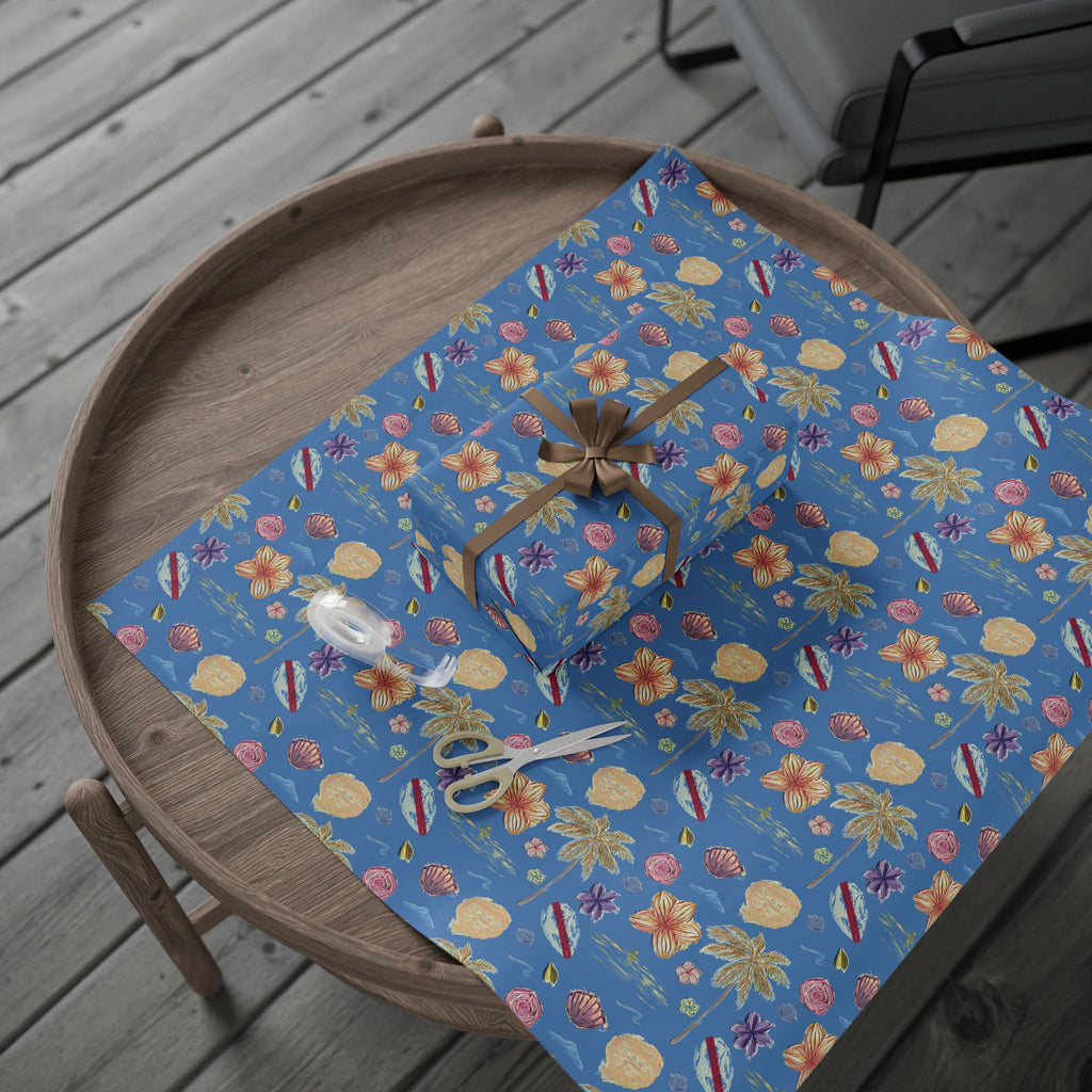 Tropical Floral Blue Gift Wrap, Hand-Painted Flowers & Petals Wrapping Paper