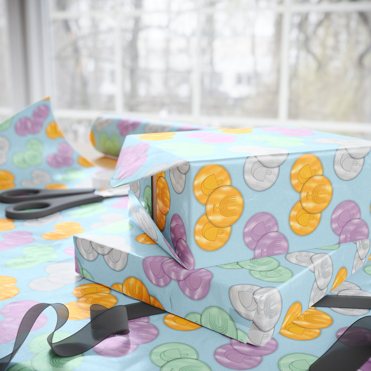Pastel Blue Hanukkah Gelt Wrapping Paper - Blue and Purple Menorah & Dreidel Design Gift Wrap