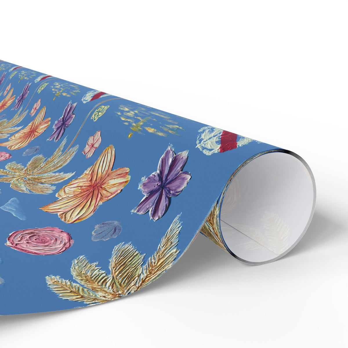 Tropical Floral Blue Gift Wrap, Hand-Painted Flowers & Petals Wrapping Paper
