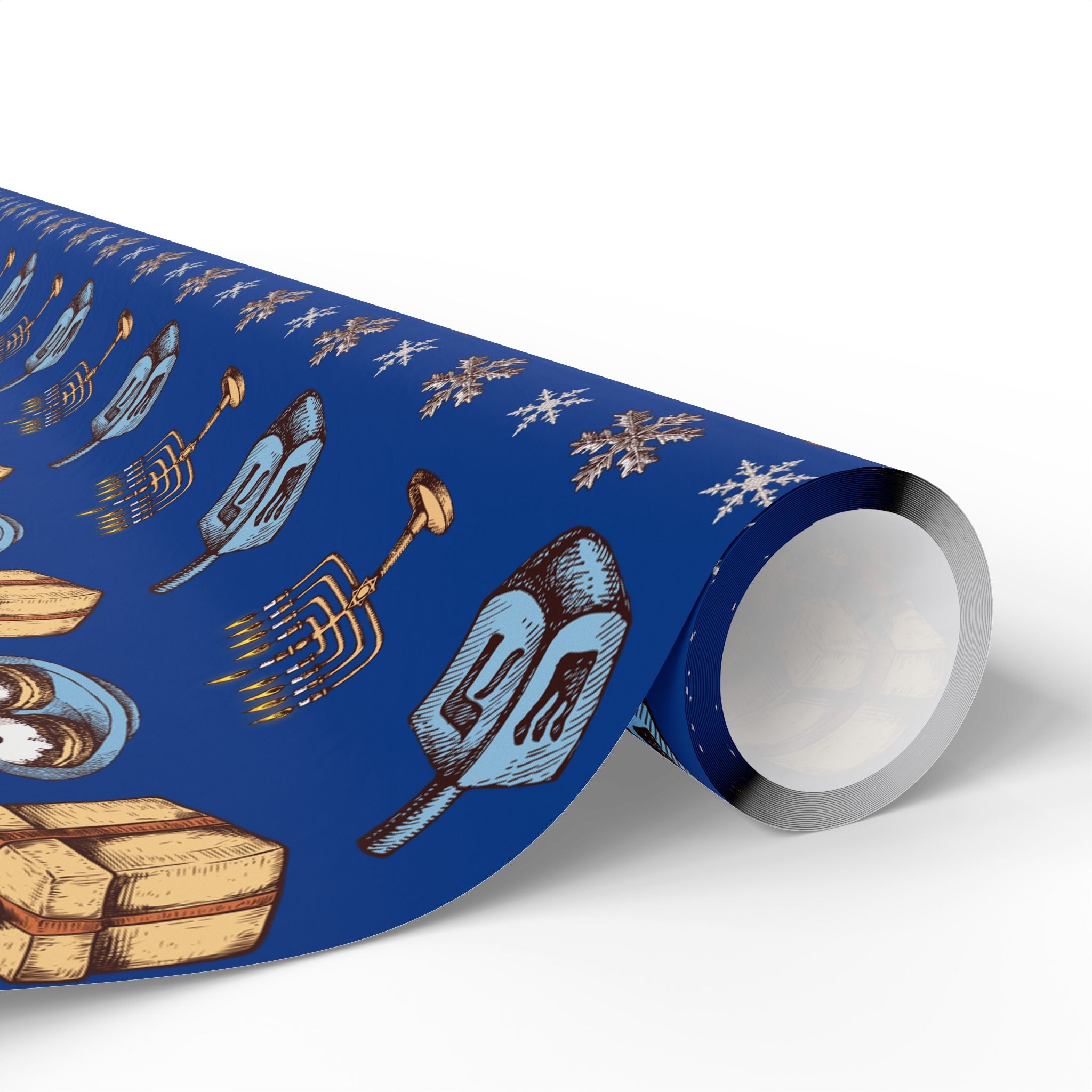 Hanukkah Dreidel and Menorah Pattern Wrapping Paper | Blue Holiday Wrap