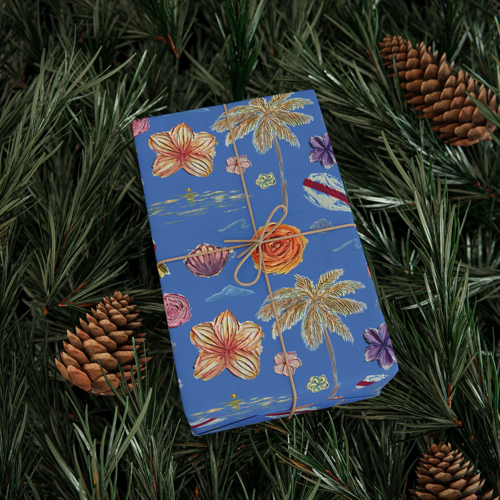 Tropical Floral Blue Gift Wrap — Hand-Painted Flowers & Petals Wrapping Paper