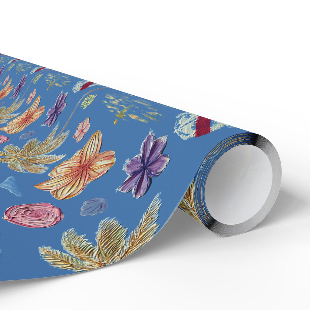 Tropical Floral Blue Gift Wrap, Hand-Painted Flowers & Petals Wrapping Paper