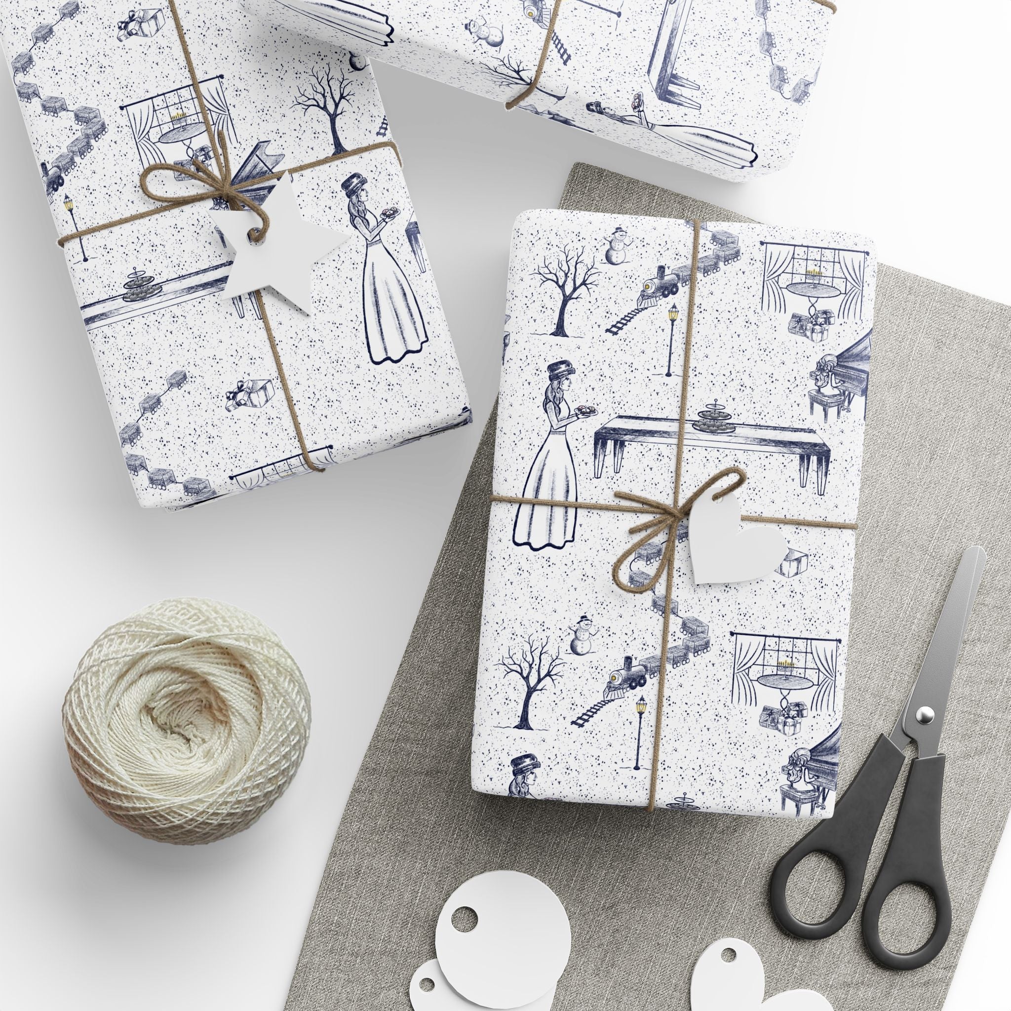 Hanukkah Vintage Blue Toile Wrapping Paper — Winter Wonderland Menorah & Gift Boxes