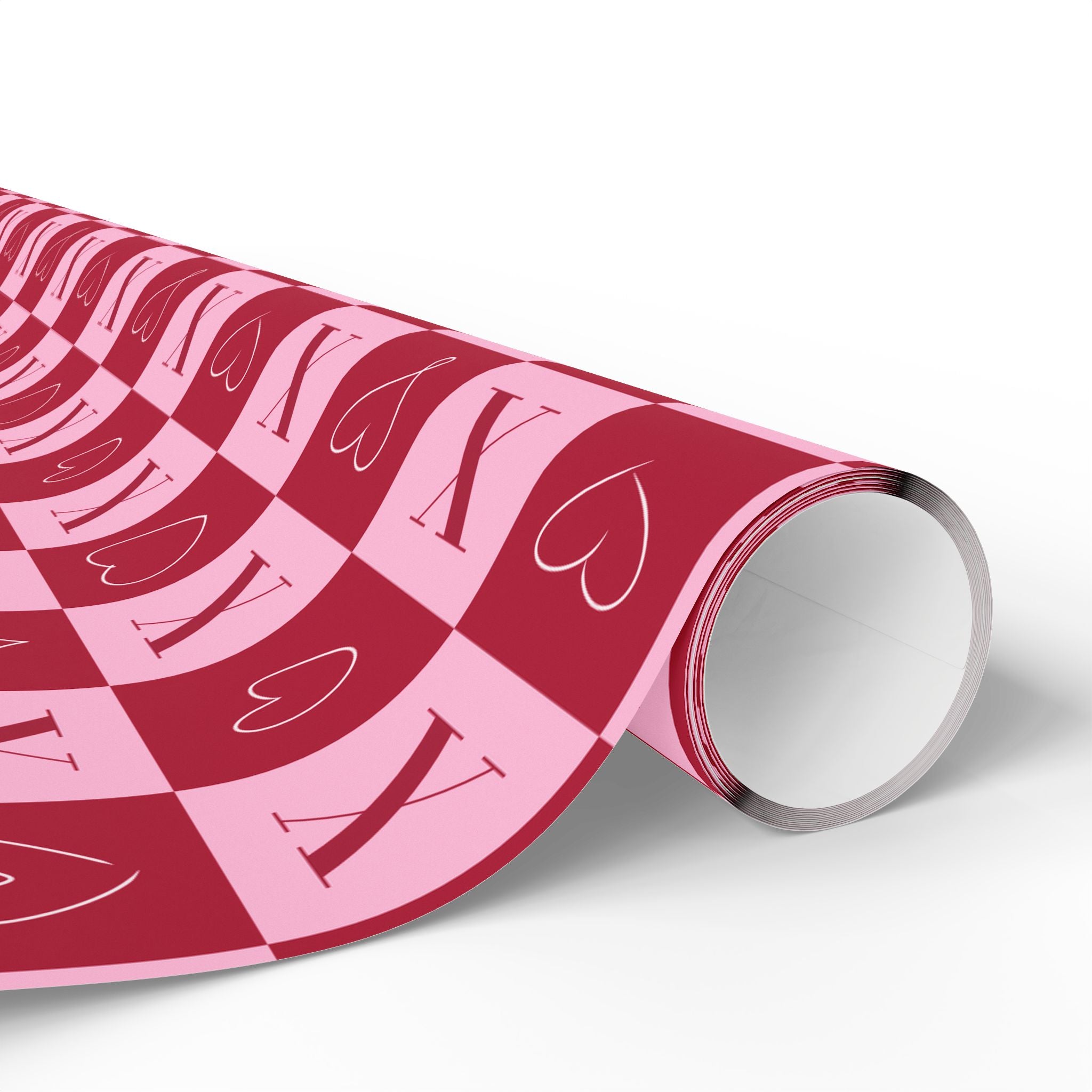 Cute Valentine’s Day Wrapping Paper – Pink Checkerboard Pattern with X and Heart O Design, Love-Themed Gift Wrap