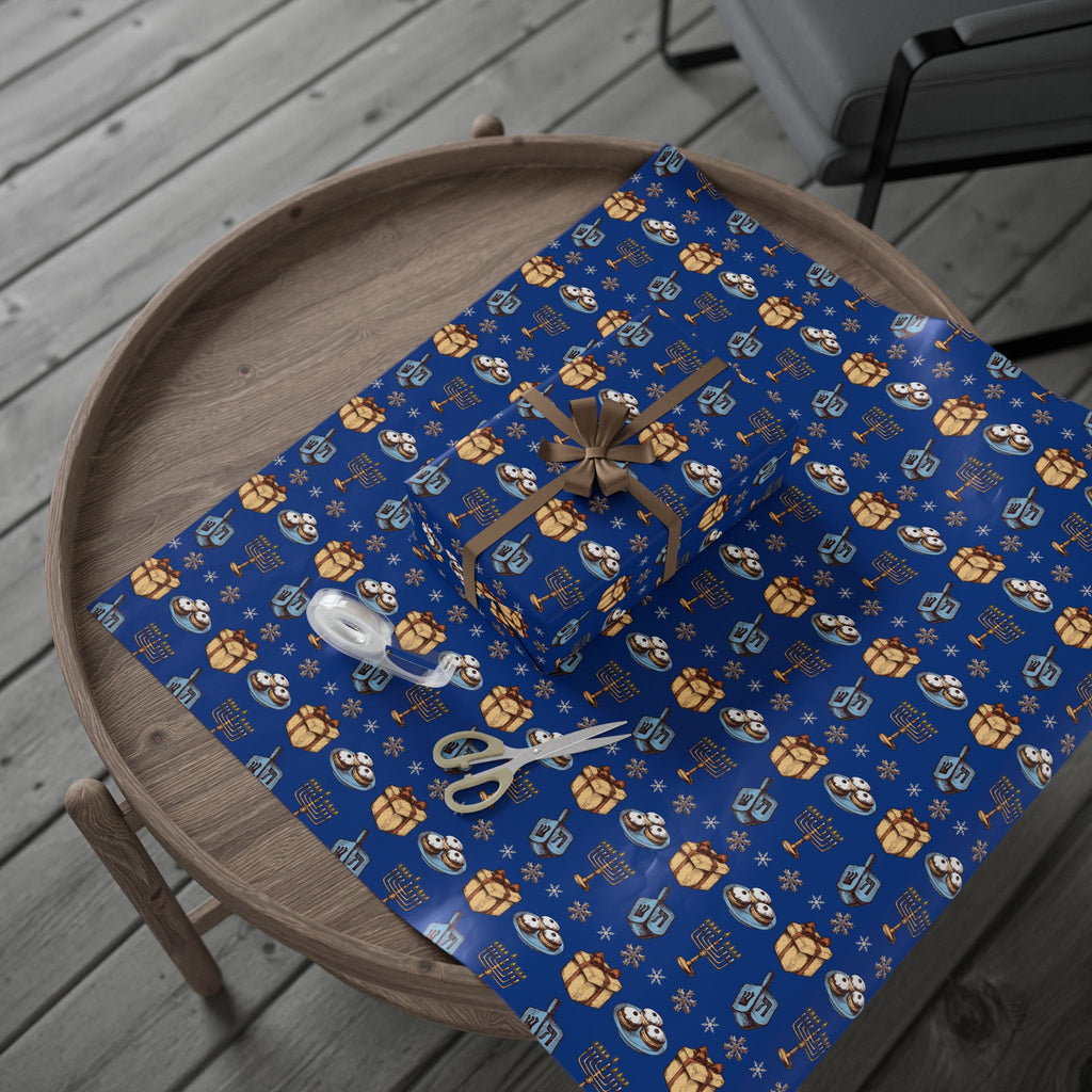 Hanukkah Dreidel and Menorah Pattern Wrapping Paper | Blue Holiday Wrap