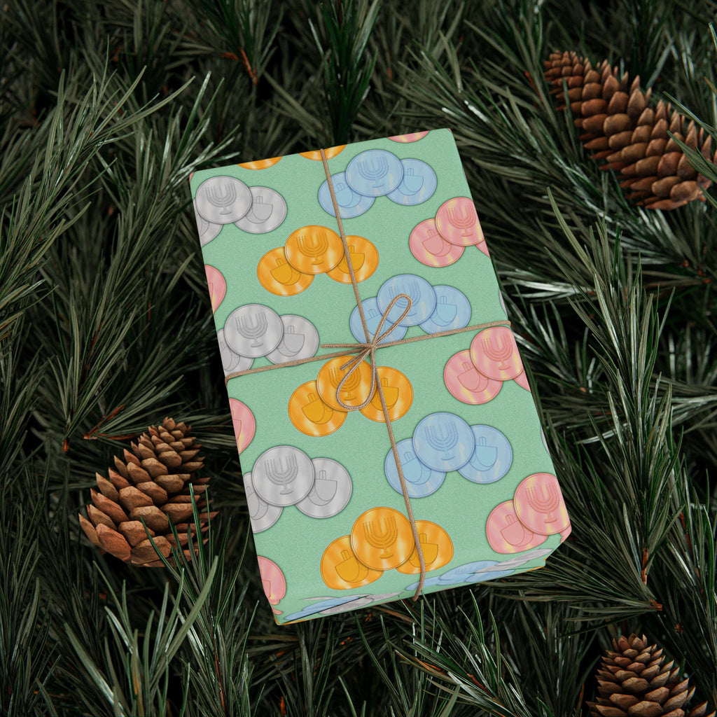Pastel Green Hanukkah Gelt Pattern Wrapping Paper Roll — Pink and Green Gift Wrap