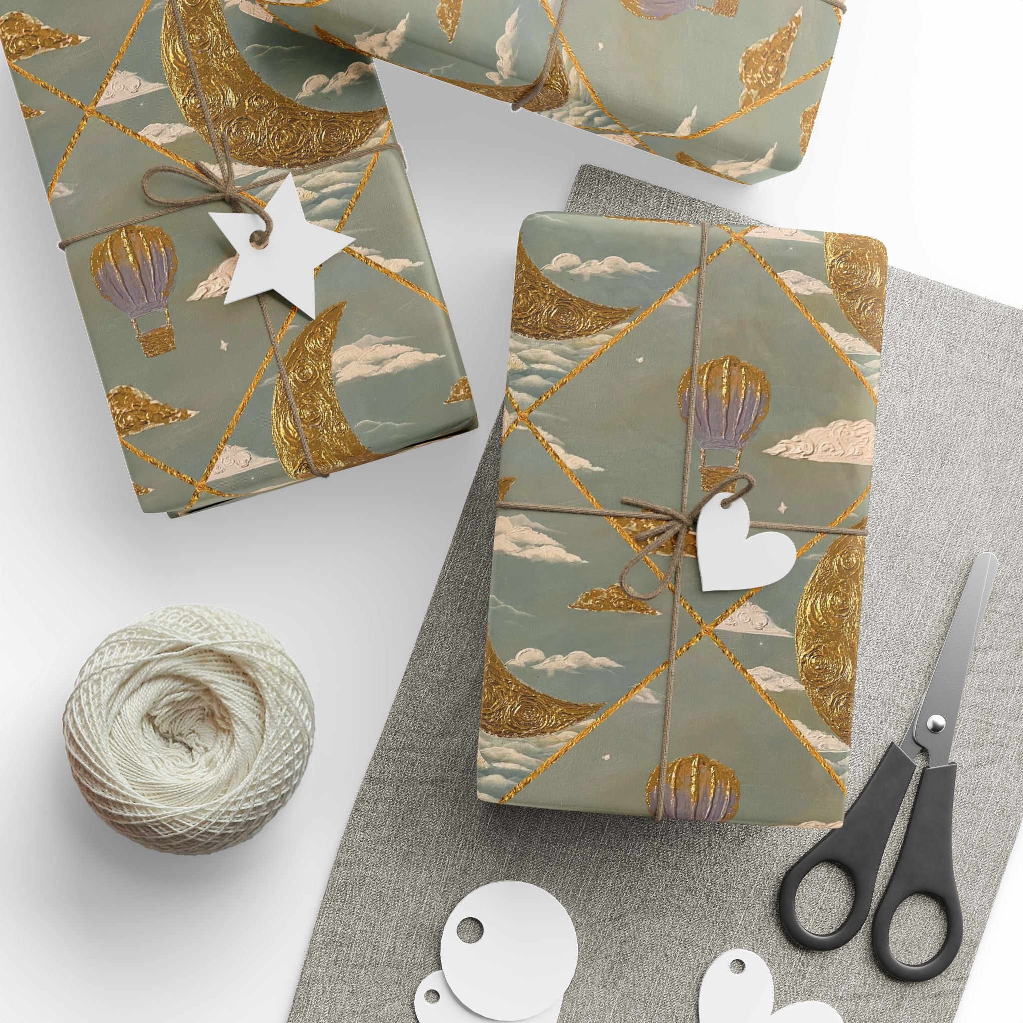 Gold Crescent Moon with Hot Air Balloon Decorative Wrapping Paper Roll — Elegant Metallic Gift Wrap for Showers & Holidays