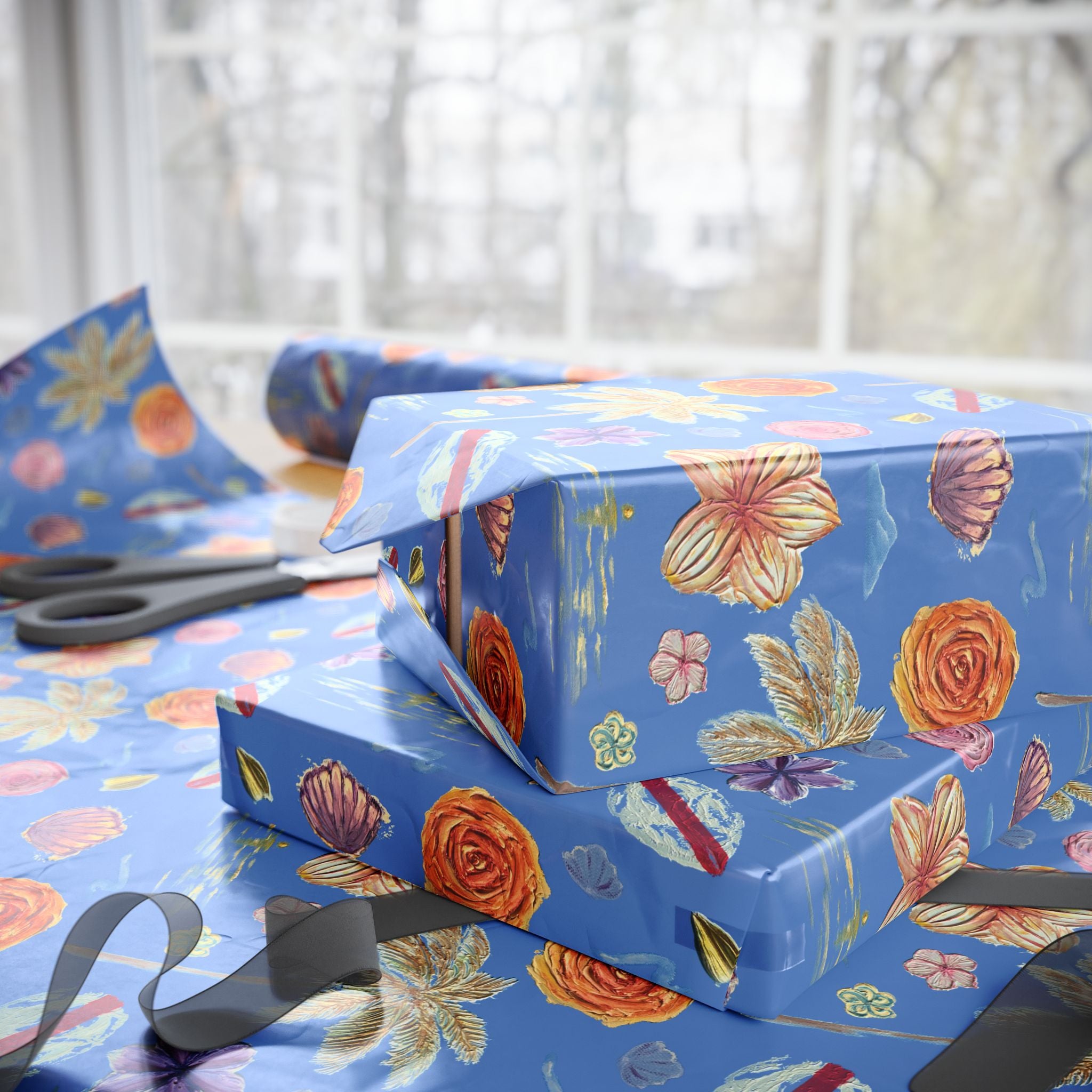 Tropical Floral Blue Gift Wrap — Hand-Painted Flowers & Petals Wrapping Paper