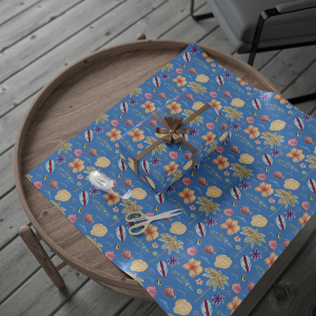 Tropical Floral Blue Gift Wrap, Hand-Painted Flowers & Petals Wrapping Paper