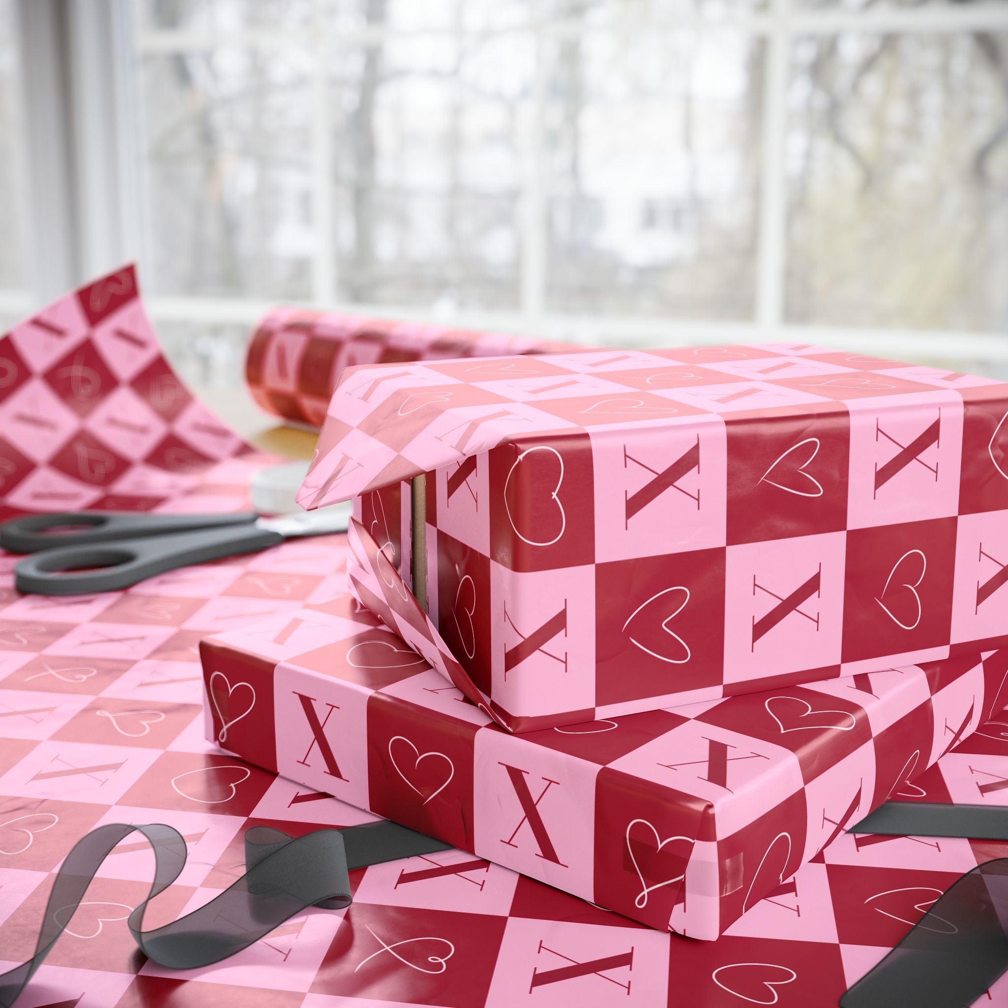 Valentine’s Day Checkerboard Wrapping Paper – Pink X and Heart O Love Pattern, Romantic Gift Wrap