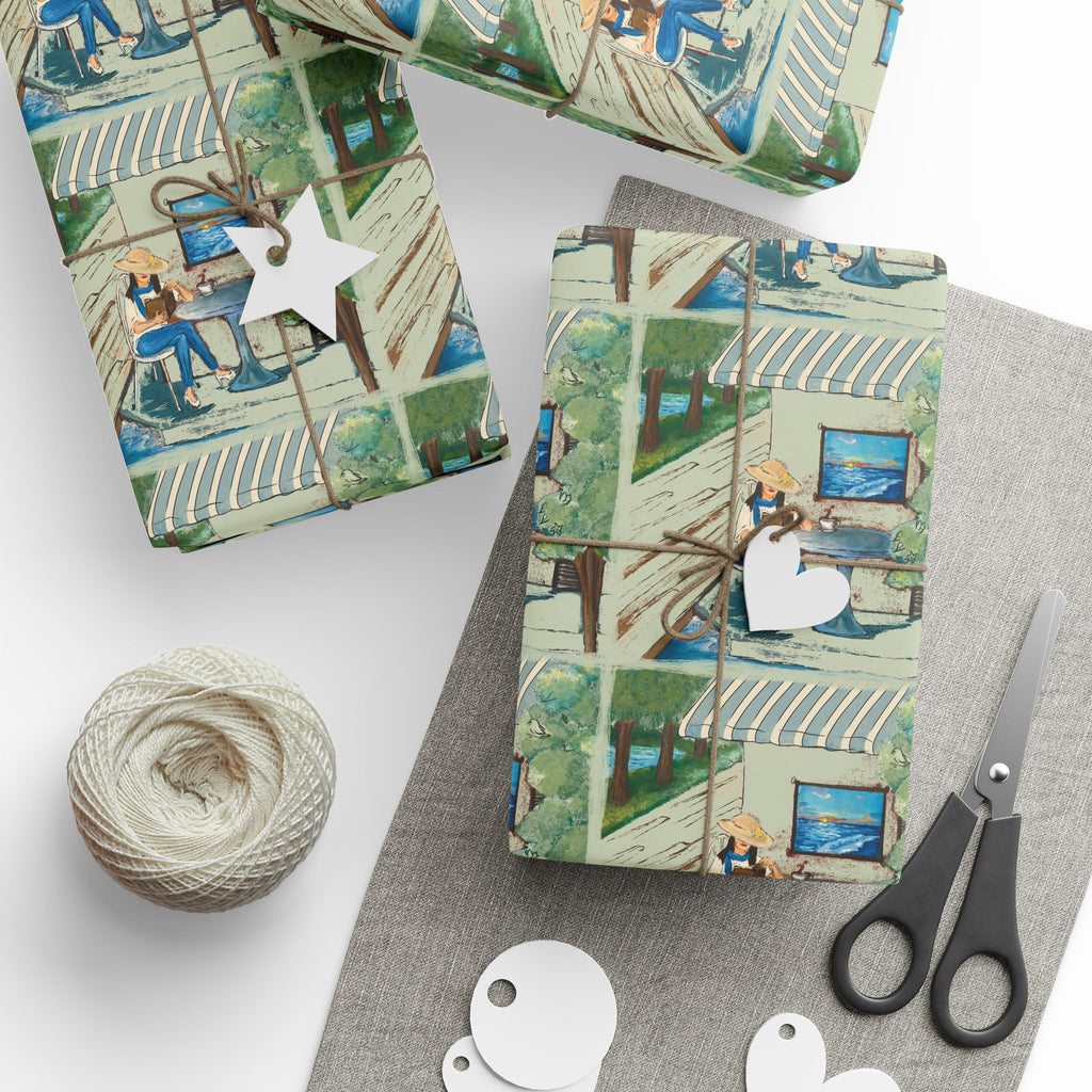 Countryside Cafe Wrapping Paper — Coastal Porch Pattern Gift Wrap (Beach House, Vacation Theme)