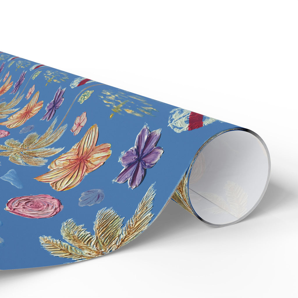 Tropical Floral Blue Gift Wrap, Hand-Painted Flowers & Petals Wrapping Paper