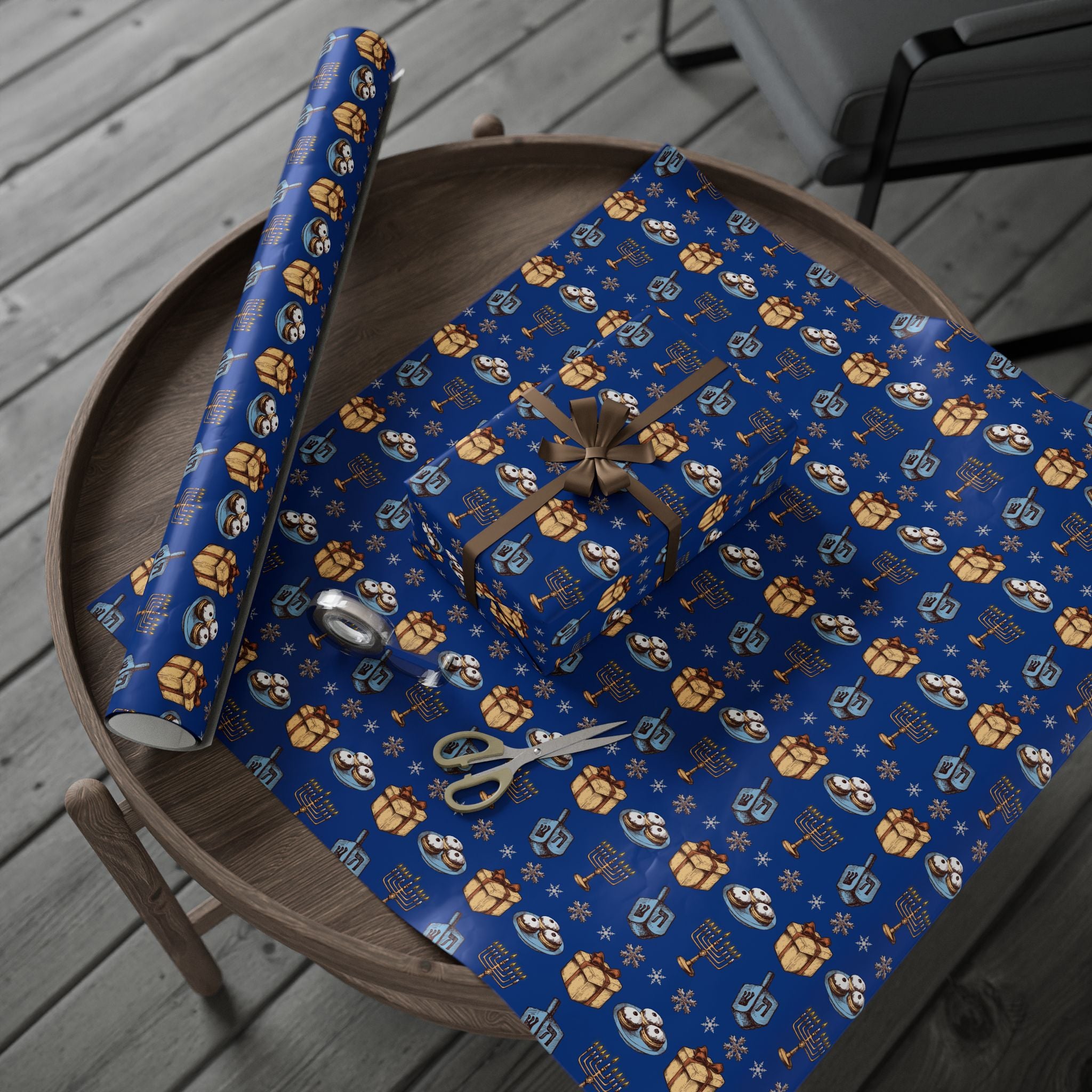 Hanukkah Dreidel and Menorah Pattern Wrapping Paper | Blue Holiday Wrap