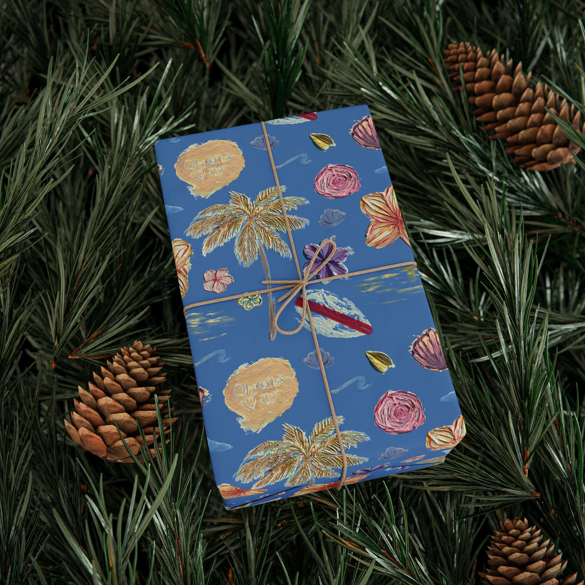Tropical Floral Blue Gift Wrap, Hand-Painted Flowers & Petals Wrapping Paper