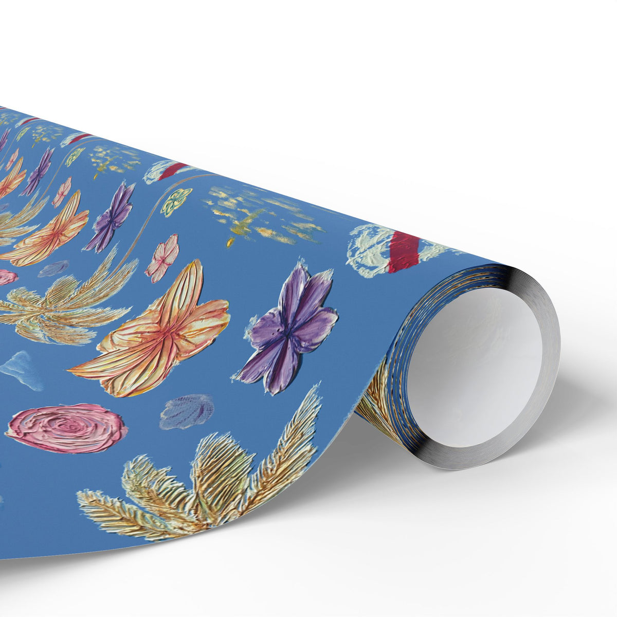 Tropical Floral Blue Gift Wrap, Hand-Painted Flowers & Petals Wrapping Paper