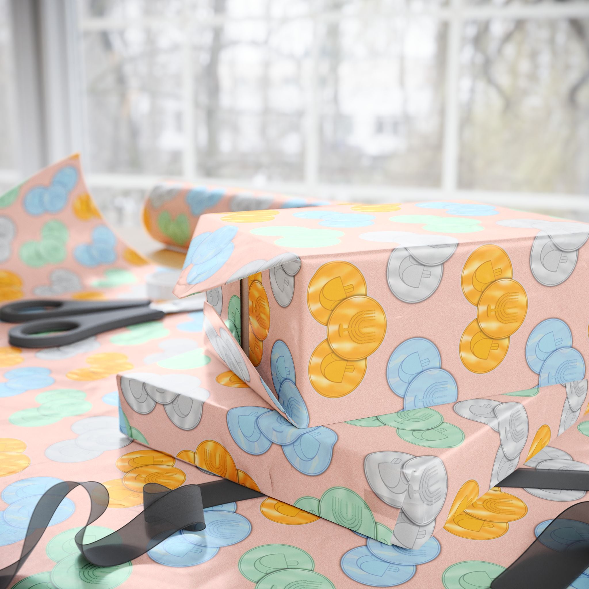 Pastel Pink Hanukkah Wrapping Paper, Hanukkah Gelt with Menorah & Dreidels
