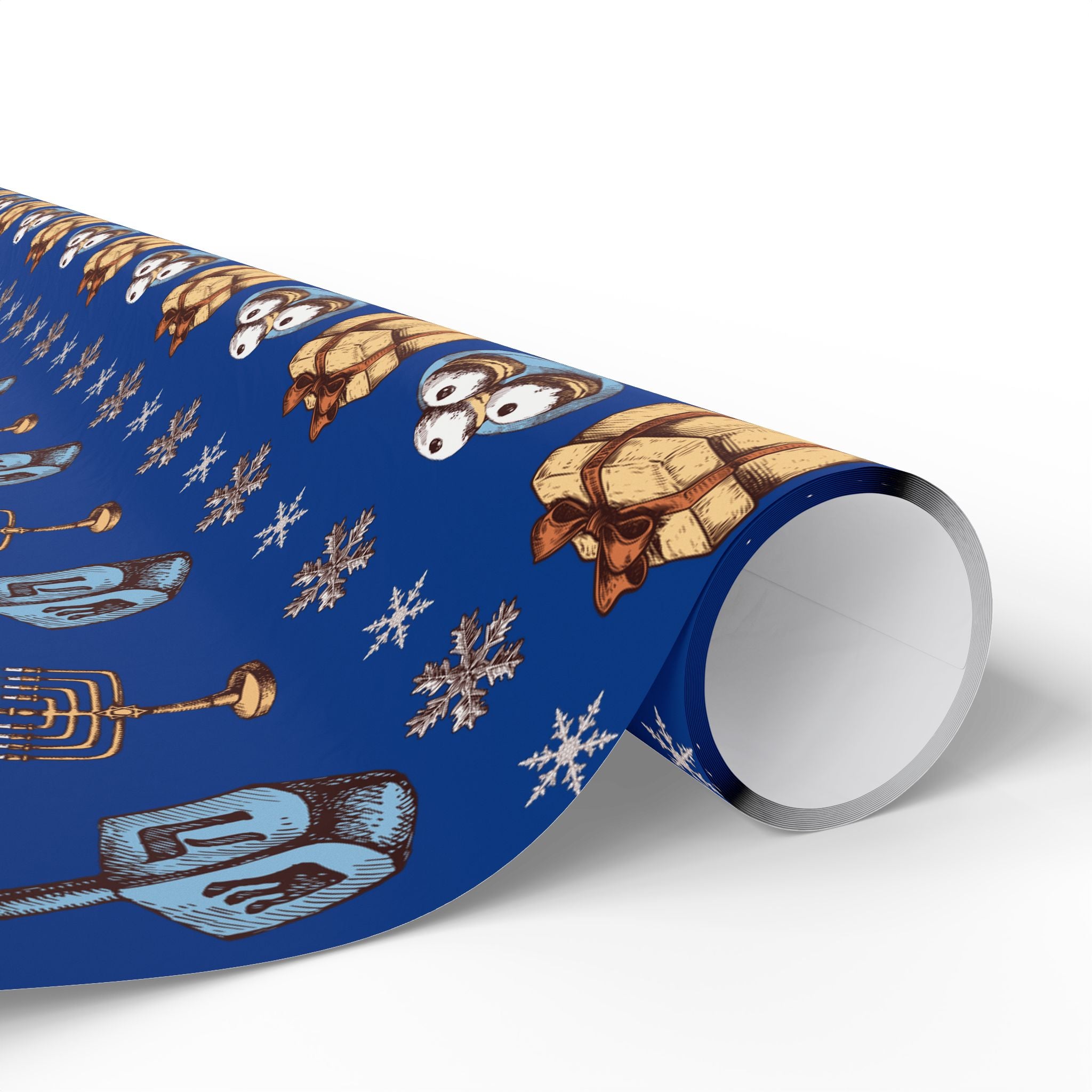 Hanukkah Dreidel and Menorah Pattern Wrapping Paper | Blue Holiday Wrap