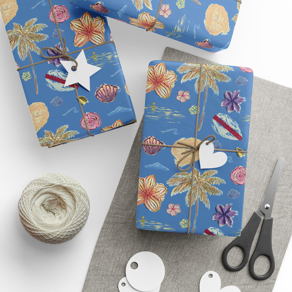 Tropical Floral Blue Gift Wrap, Hand-Painted Flowers & Petals Wrapping Paper