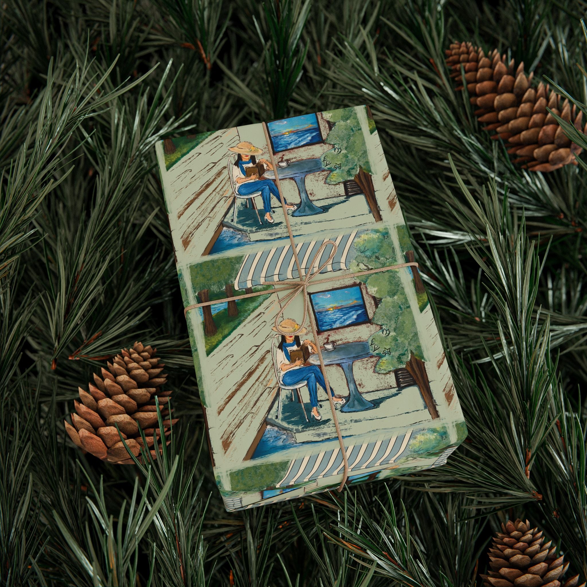 Countryside Cafe Wrapping Paper — Coastal Porch Pattern Gift Wrap (Beach House, Vacation Theme)