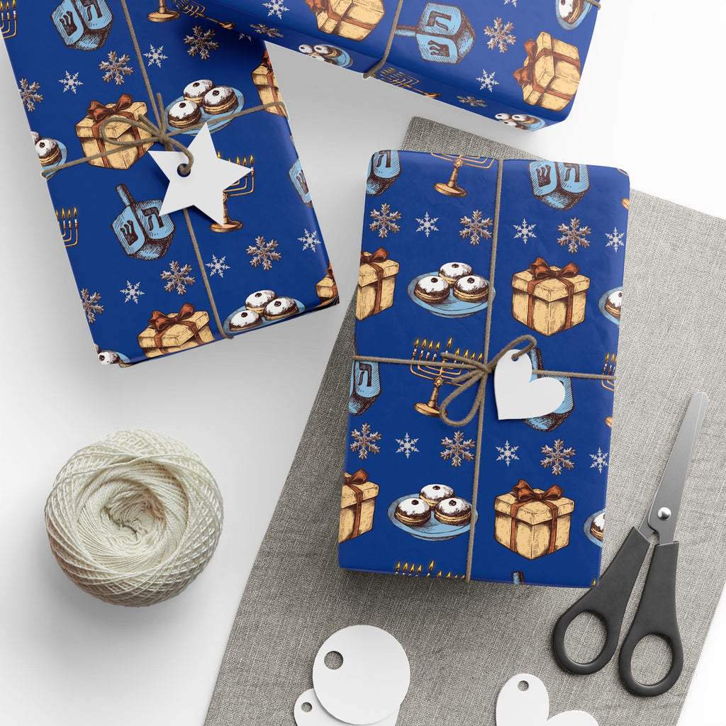 Hanukkah Dreidel and Menorah Pattern Wrapping Paper | Blue Holiday Wrap