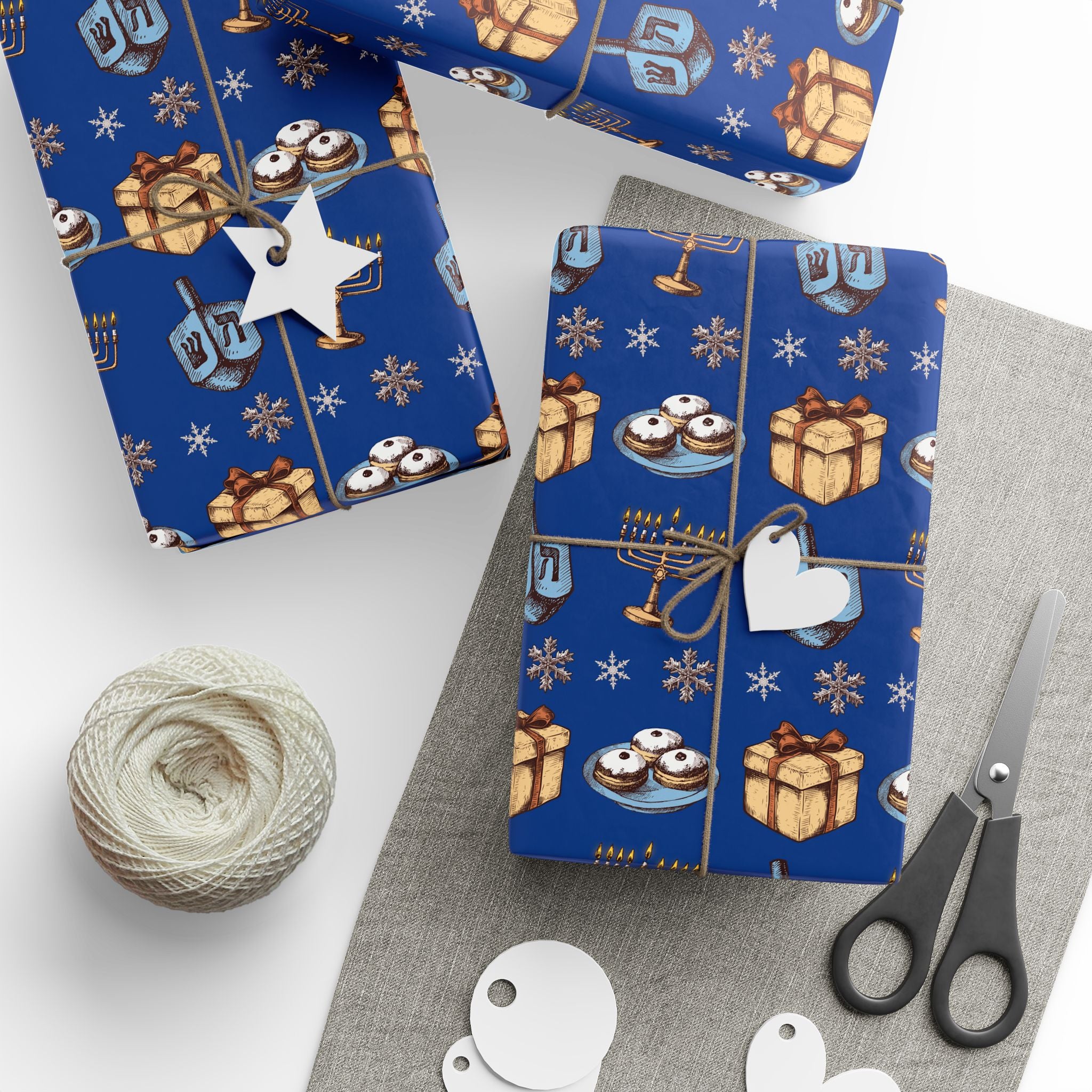 Hanukkah Dreidel and Menorah Pattern Wrapping Paper | Blue Holiday Wrap