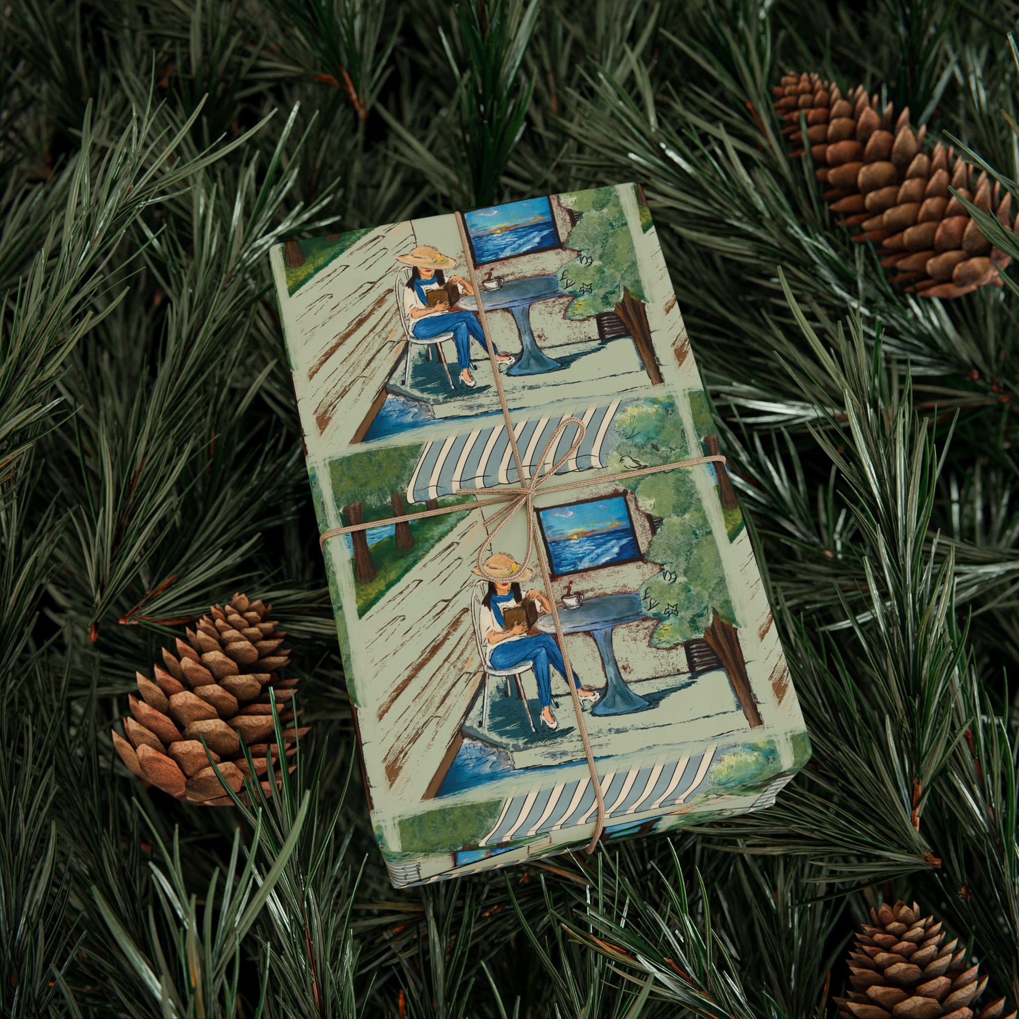 Countryside Cafe Wrapping Paper — Coastal Porch Pattern Gift Wrap (Beach House, Vacation Theme)