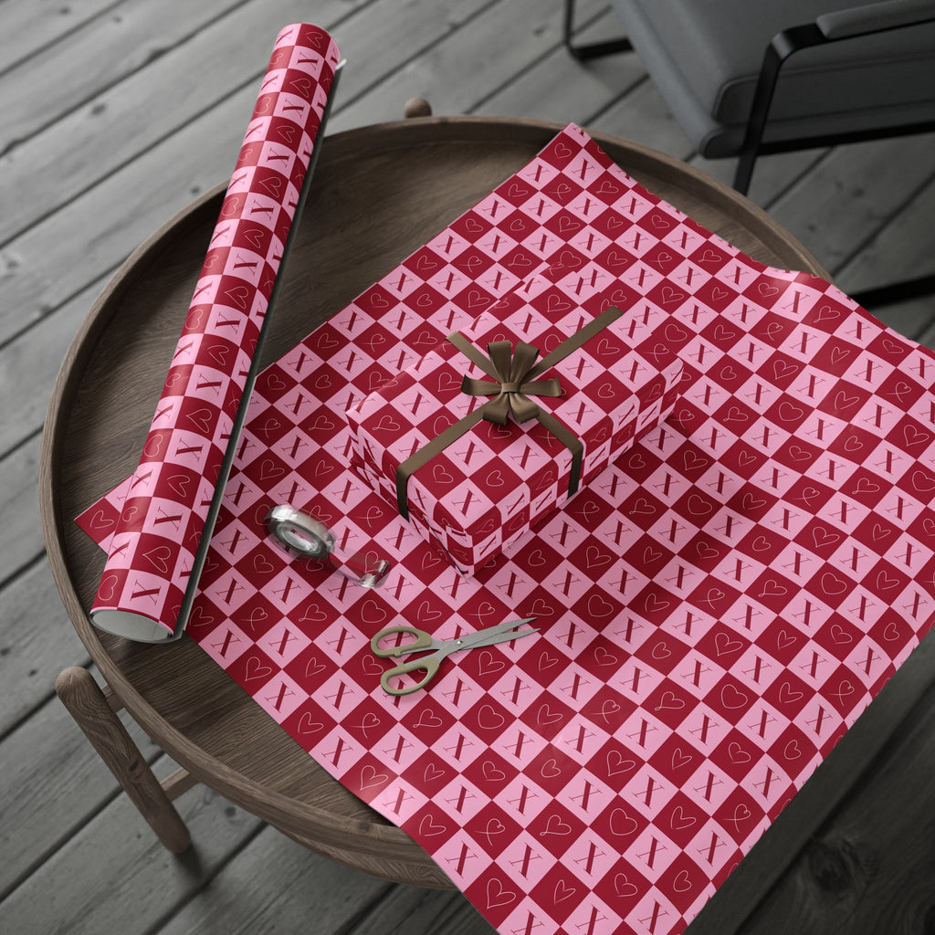 Valentine’s Day Checkerboard Wrapping Paper – Pink X and Heart O Love Pattern, Romantic Gift Wrap