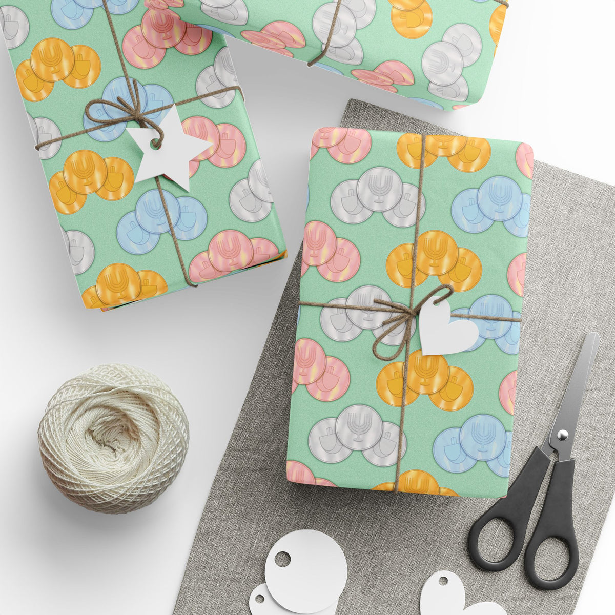 Pastel Green Hanukkah Gelt Pattern Wrapping Paper — Pink and Green Gift Wrap