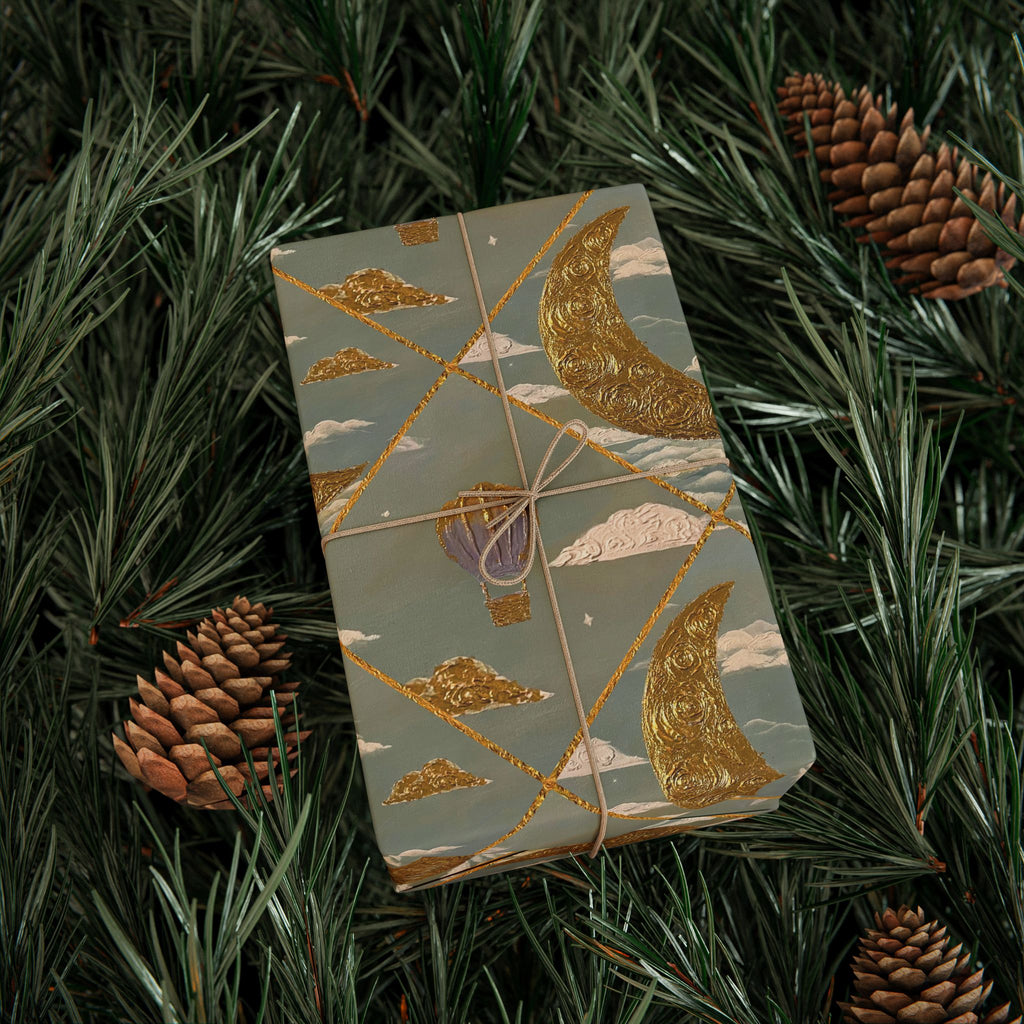 Gold Crescent Moon with Hot Air Balloon Decorative Wrapping Paper Roll, Elegant Gold Foil Gift Wrap for Showers & Holidays