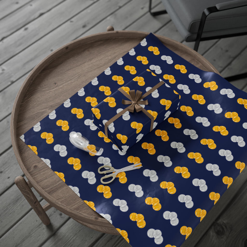 Navy Hanukkah Gelt Wrapping Paper Roll – Gold & Silver Gelt Gift Wrap with Sparkling Menorah and Dreidels