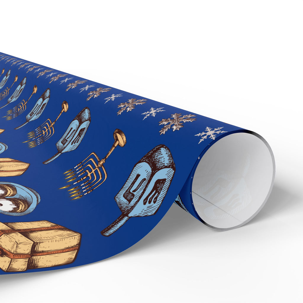 Hanukkah, Dreidel and Menorah Pattern Wrapping Paper | Blue Holiday Wrap