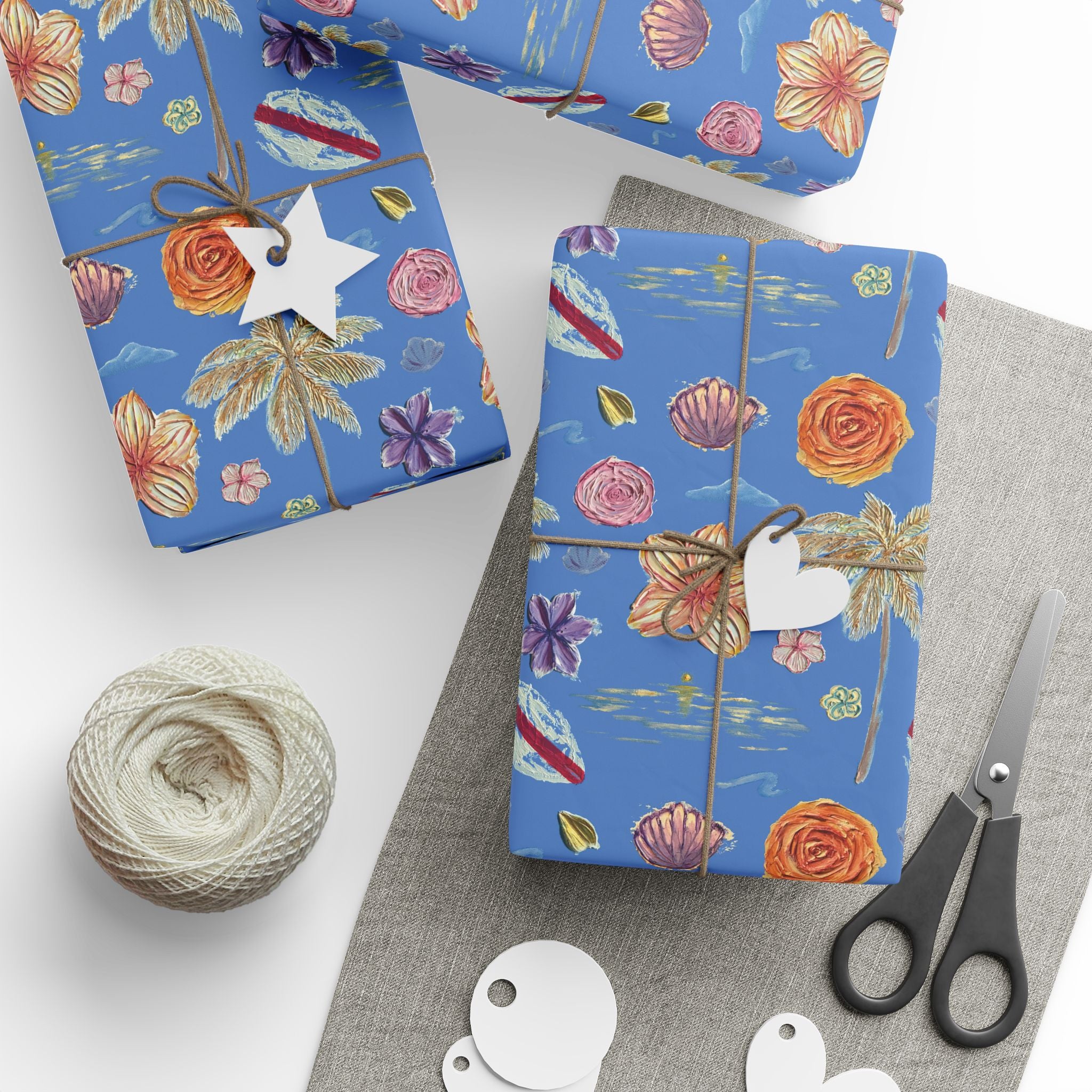 Tropical Floral Blue Gift Wrap — Hand-Painted Flowers & Petals Wrapping Paper