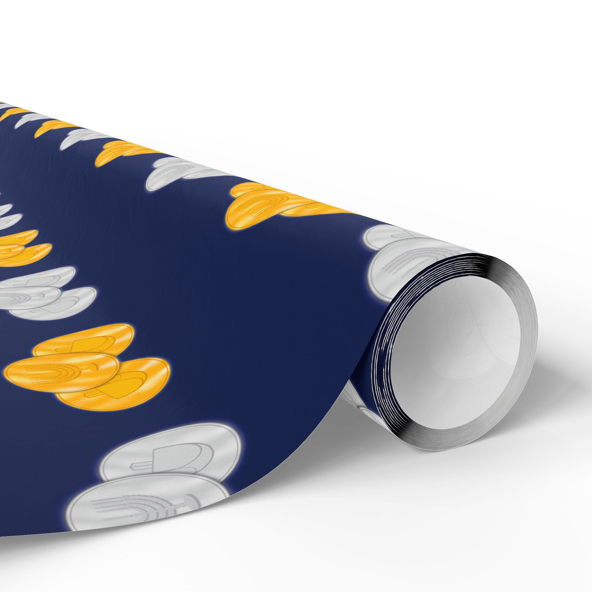 Navy Hanukkah Gelt Wrapping Paper Roll – Gold & Silver Gelt Gift Wrap with Sparkling Menorah and Dreidels