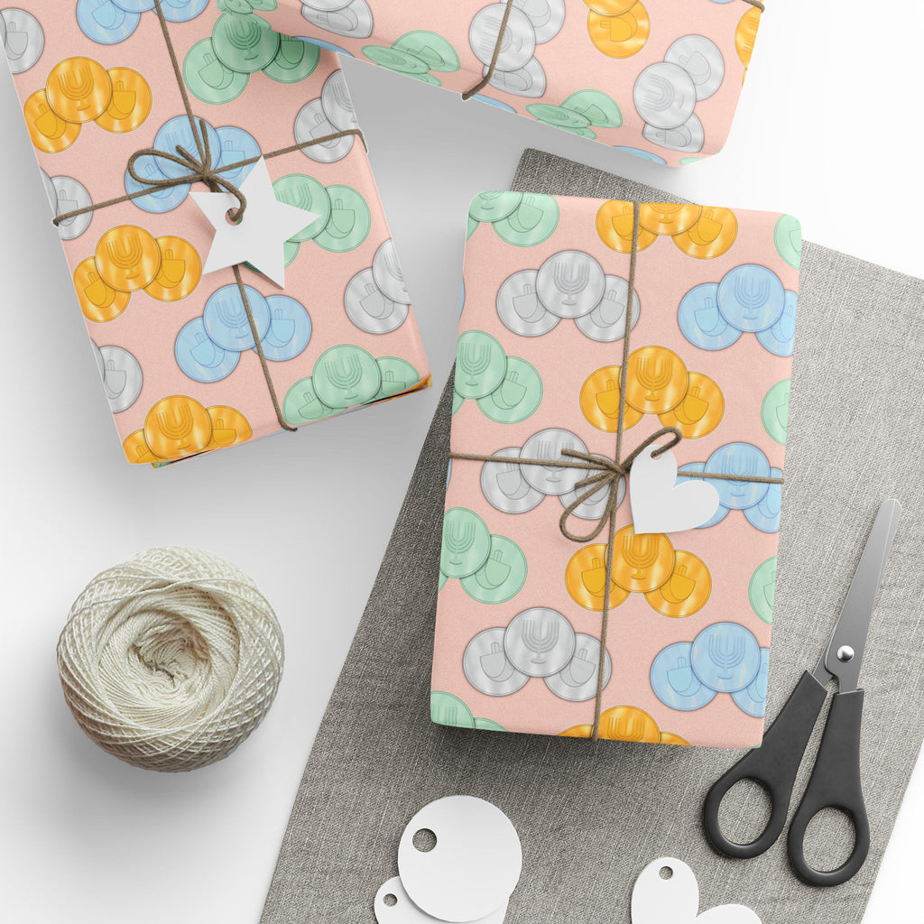Pastel Pink Hanukkah Wrapping Paper, Hanukkah Gelt with Menorah & Dreidels