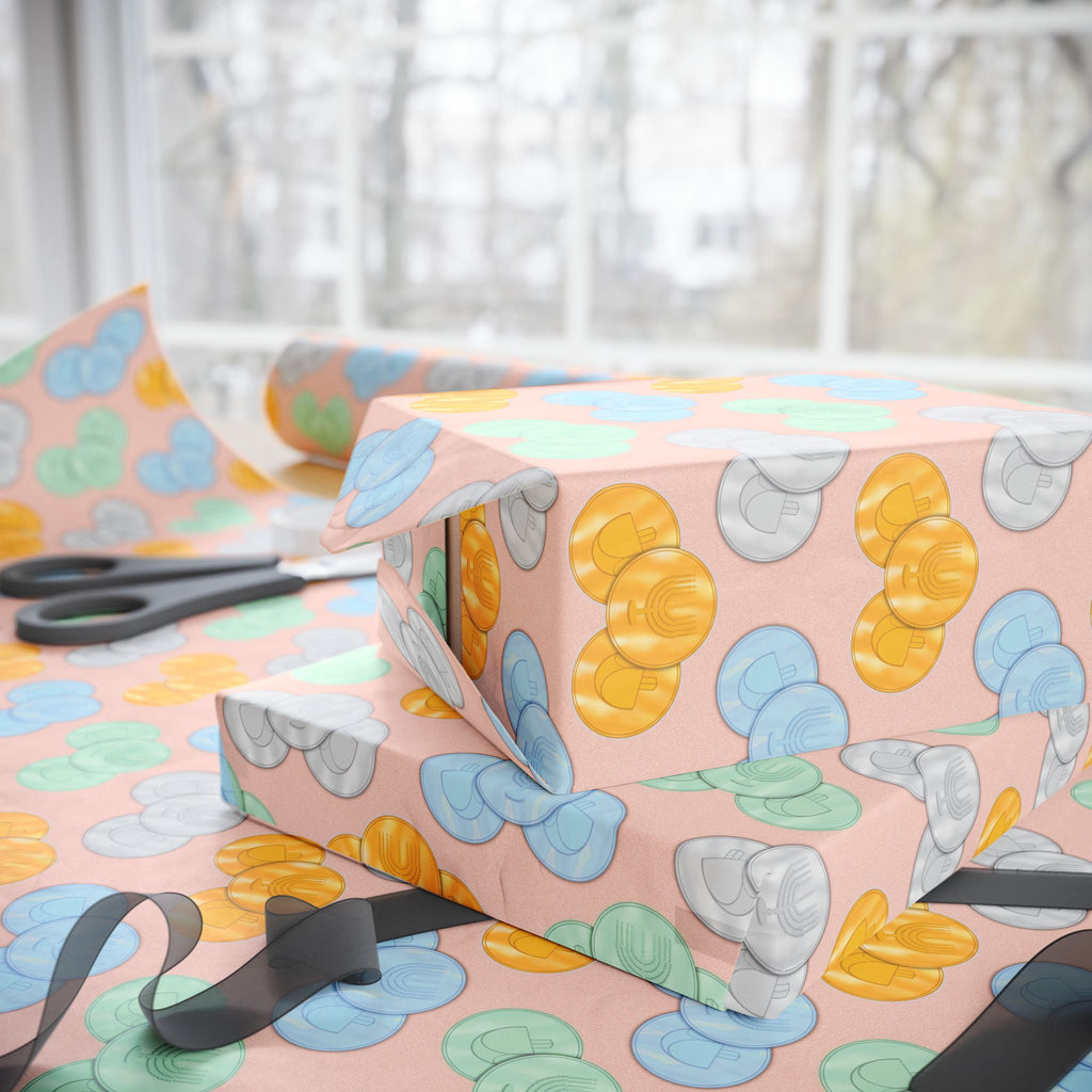 Pastel Pink Hanukkah Wrapping Paper, Hanukkah Gelt with Menorah & Dreidels