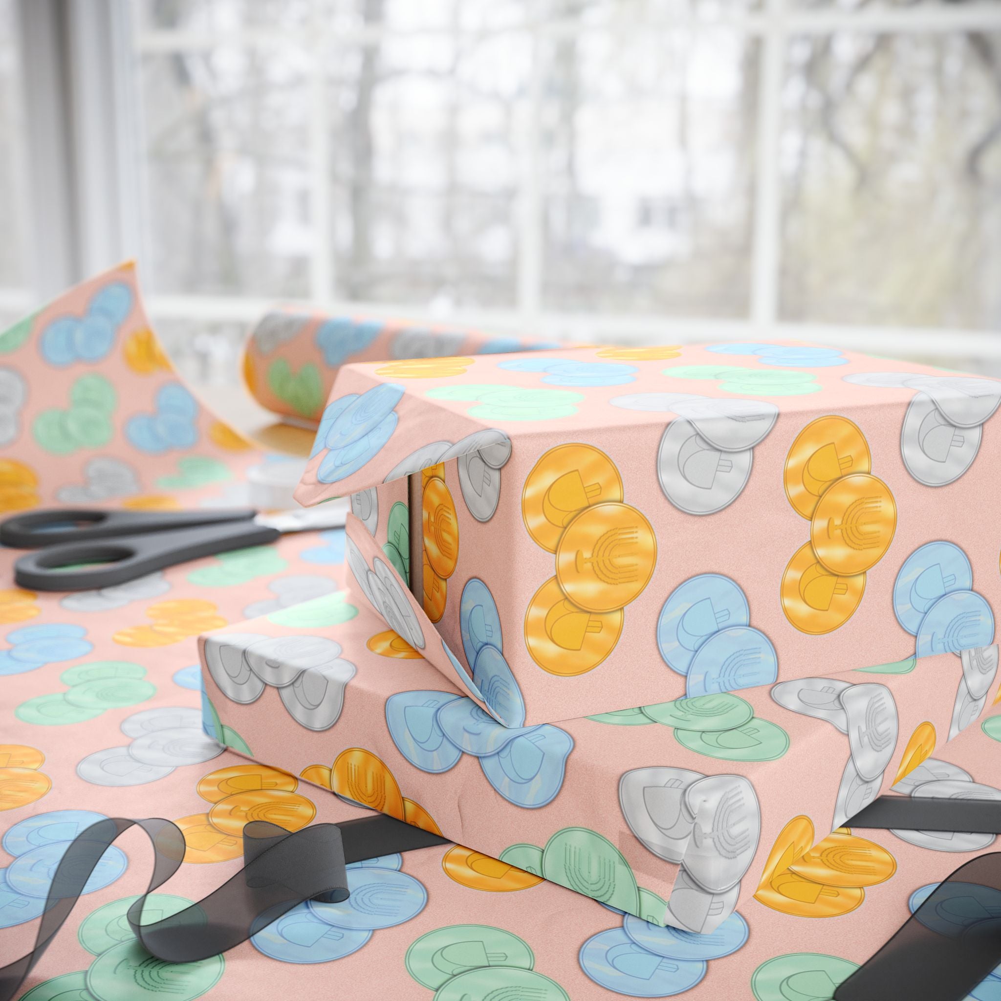 Pastel Pink Hanukkah Wrapping Paper, Hanukkah Gelt with Menorah & Dreidels