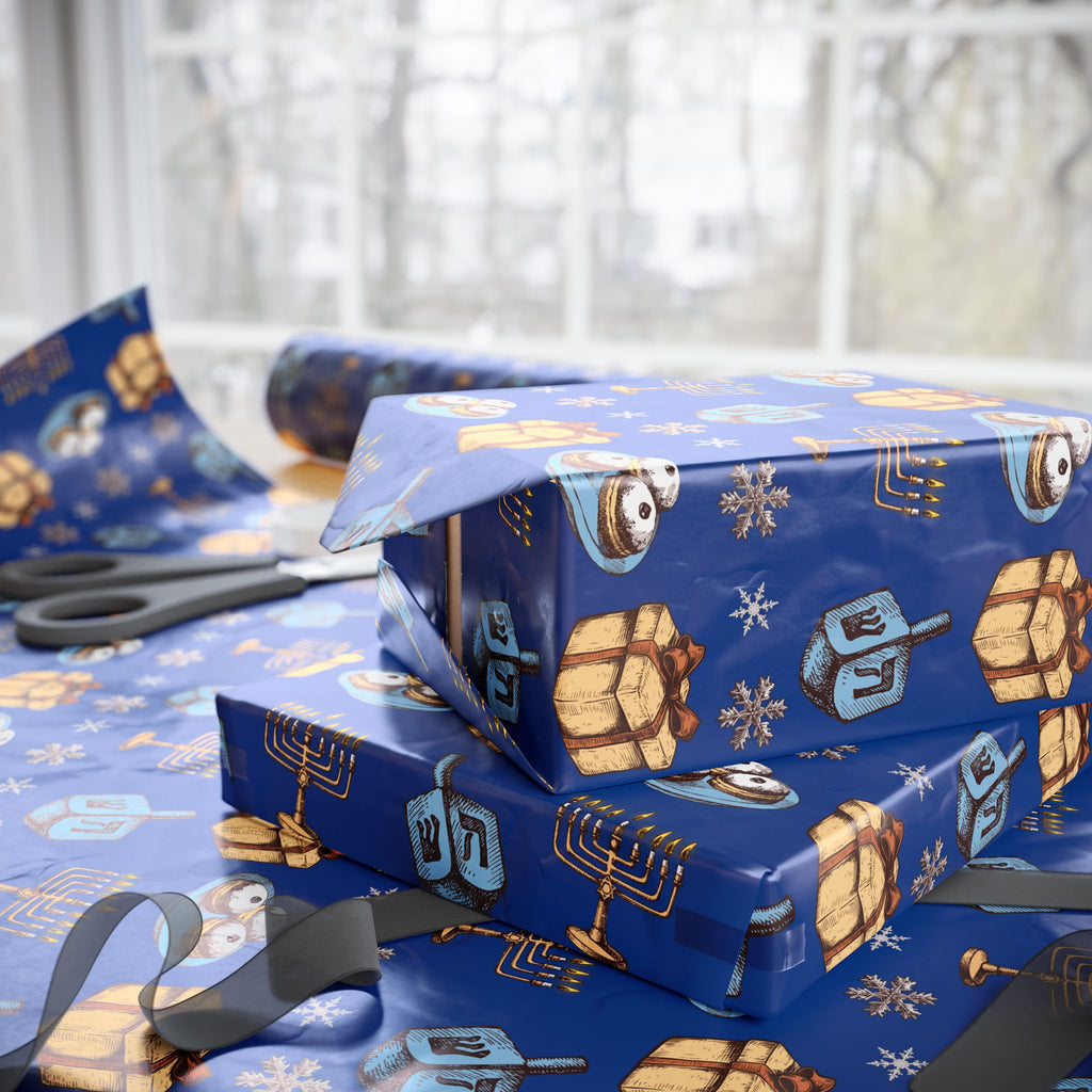 Hanukkah Dreidel and Menorah Pattern Wrapping Paper | Blue Holiday Wrap