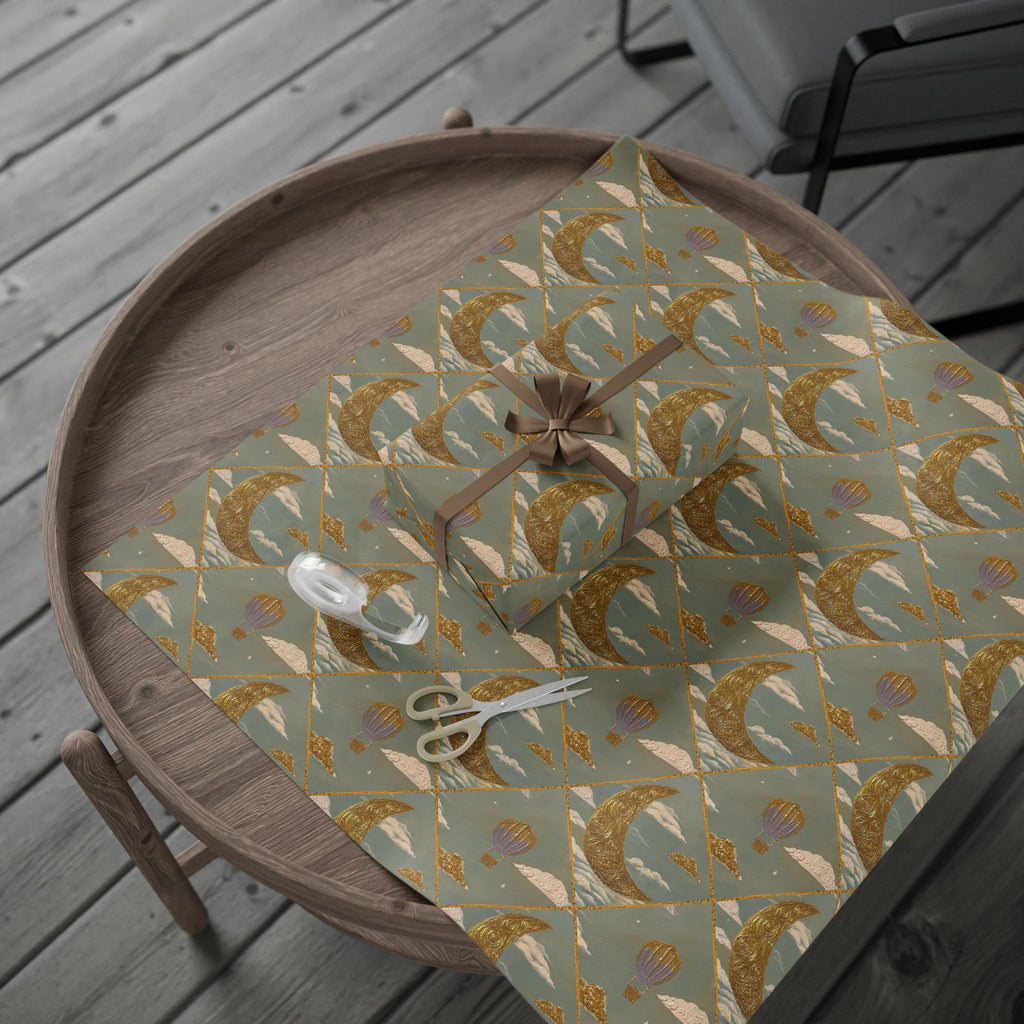 Gold Crescent Moon with Hot Air Balloon Decorative Wrapping Paper Roll — Elegant Metallic Gift Wrap for Showers & Holidays
