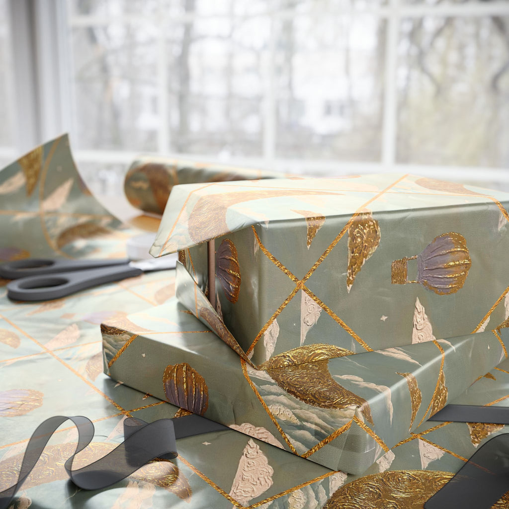 Gold Crescent Moon with Hot Air Balloon Decorative Wrapping Paper Roll, Elegant Gold Foil Gift Wrap for Showers & Holidays