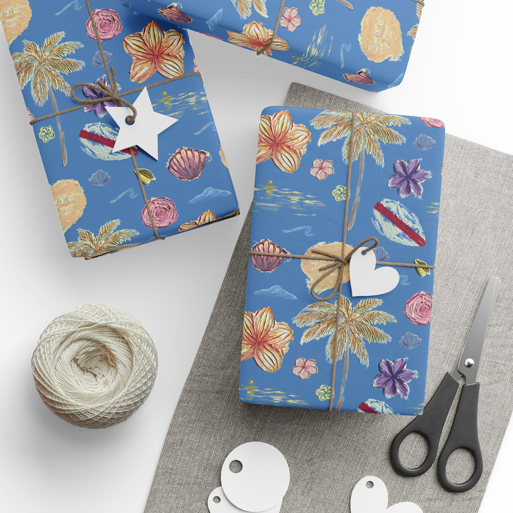 Tropical Floral Blue Gift Wrap, Hand-Painted Flowers & Petals Wrapping Paper