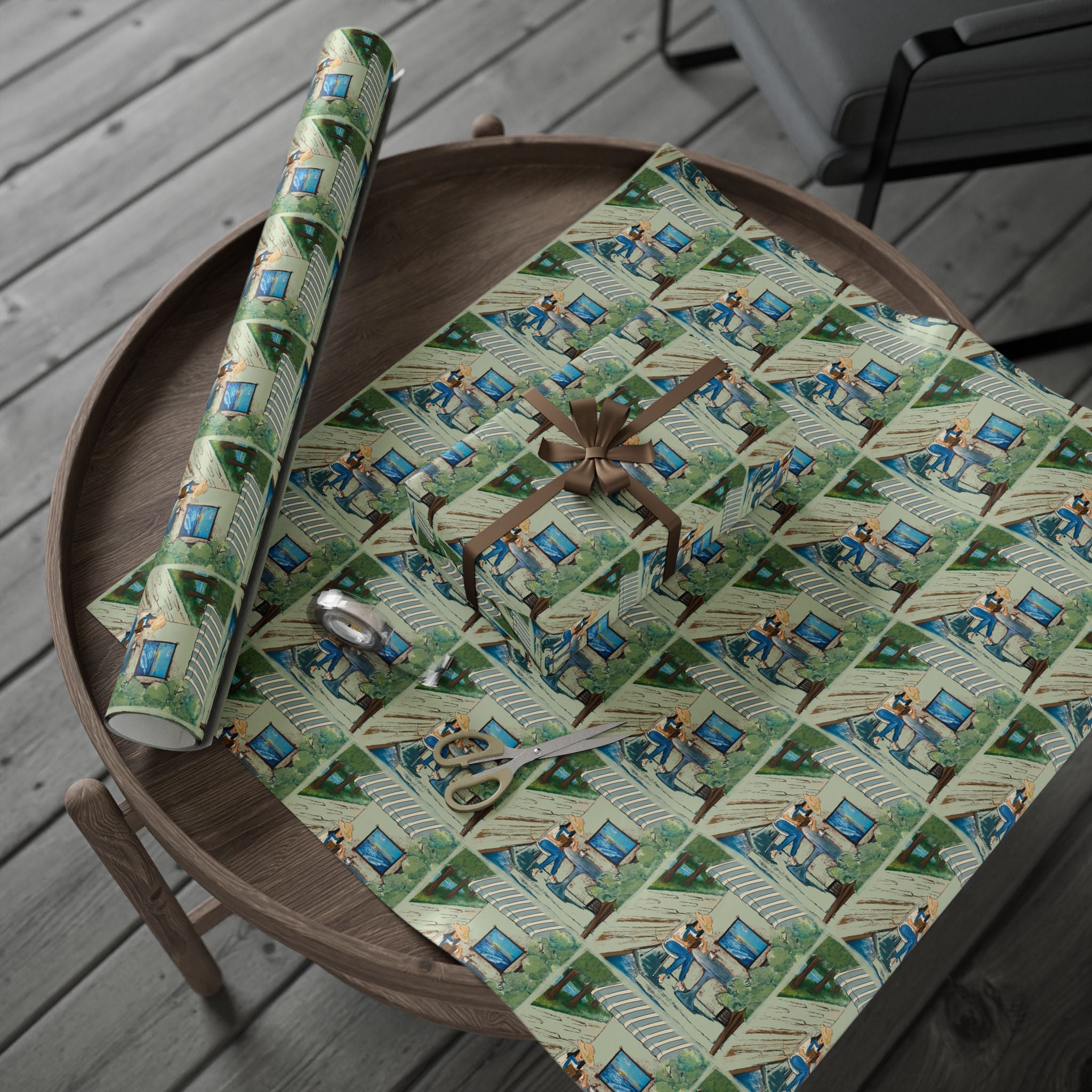 Countryside Cafe Wrapping Paper — Coastal Porch Pattern Gift Wrap (Beach House, Vacation Theme)