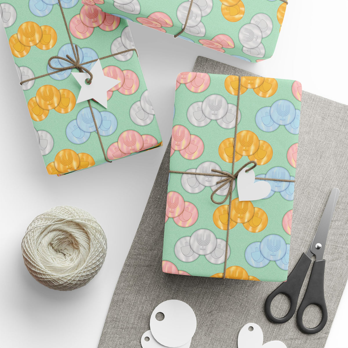 Pastel Green Hanukkah Gelt Pattern Wrapping Paper — Pink and Green Gift Wrap