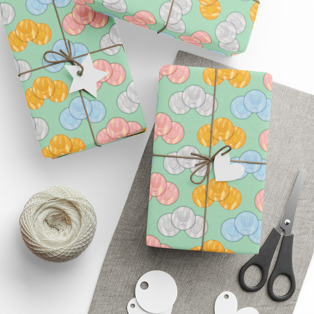 Pastel Green Hanukkah Gelt Pattern Wrapping Paper — Pink and Green Gift Wrap