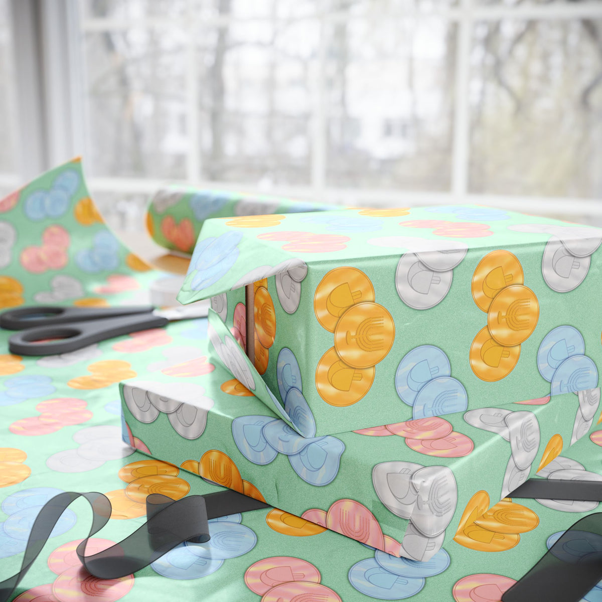 Pastel Green Hanukkah Gelt Pattern Wrapping Paper — Pink and Green Gift Wrap