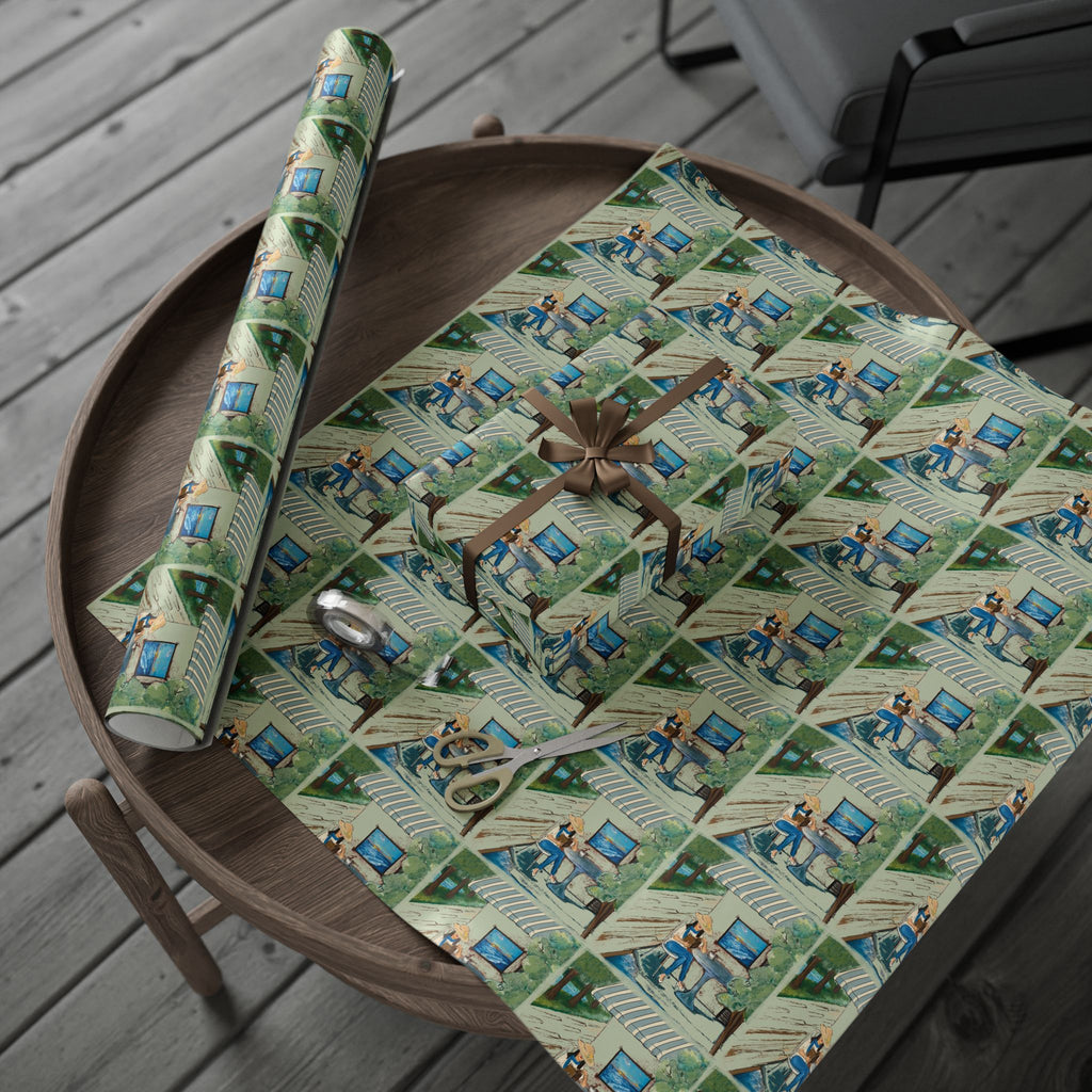 Countryside Cafe Wrapping Paper — Coastal Porch Pattern Gift Wrap (Beach House, Vacation Theme)
