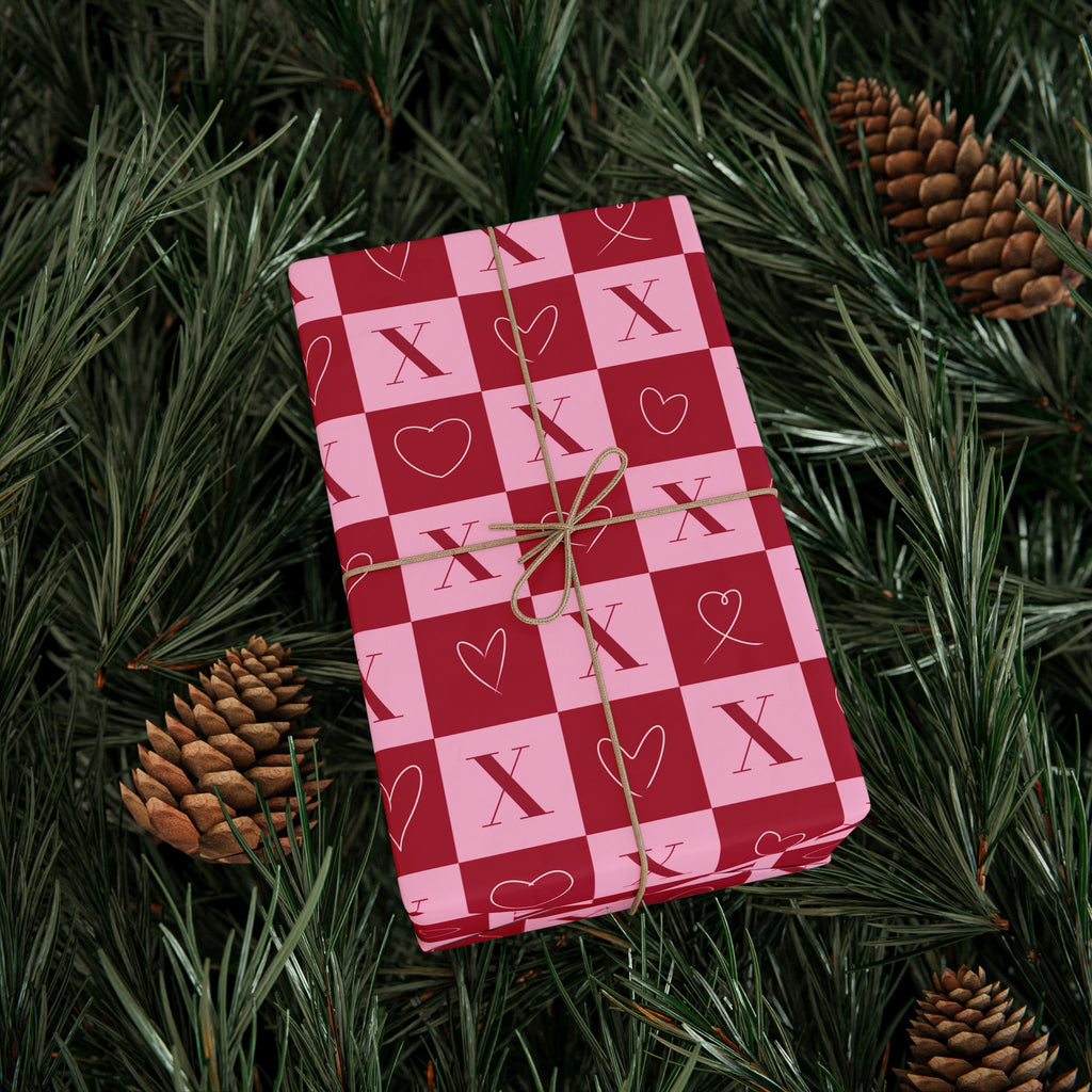Valentine’s Day Checkerboard Wrapping Paper – Pink X and Heart O Love Pattern, Romantic Gift Wrap