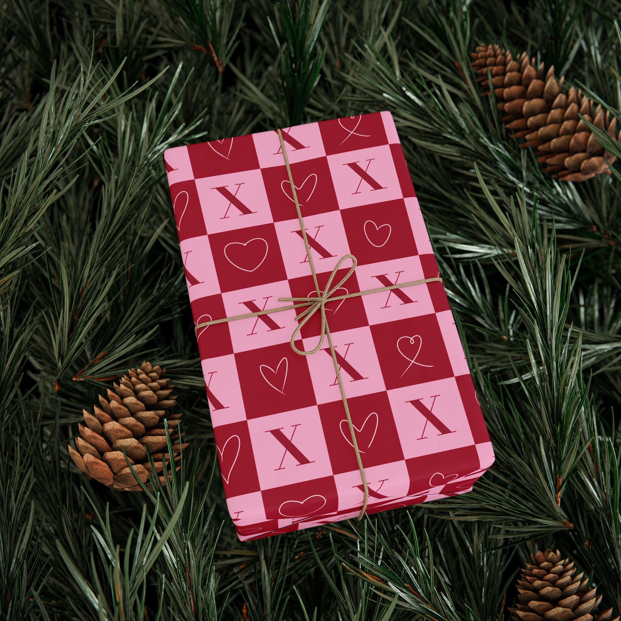 Cute Valentine’s Day Wrapping Paper – Pink Checkerboard Pattern with X and Heart O Design, Love-Themed Gift Wrap