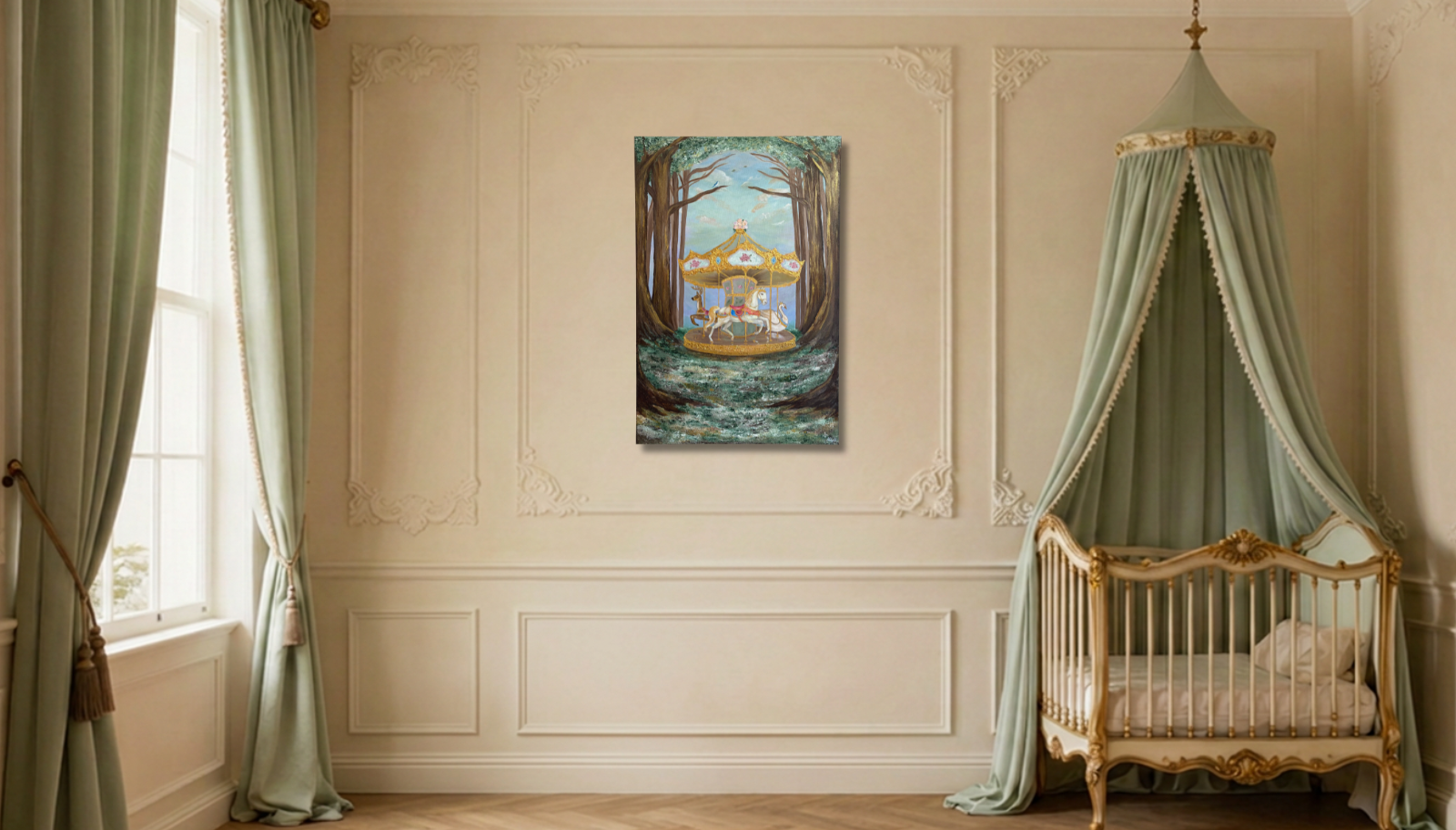 A framed vertical landscape painting of a carousel in a forest, displayed on a cream-colored wall in a styled nursery with a canopy crib and sage green curtains.